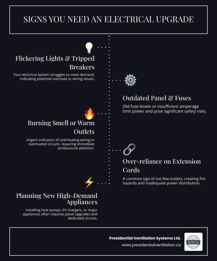 Infographic showing signs you need an electrical upgrade: flickering lights, frequent tripped breakers, outdated panel with fuses, burning smell from outlets, over-reliance on extension cords, and planning to install a heat pump or EV charger - electrical mount uniacke ns infographic infographic-line-5-steps-dark