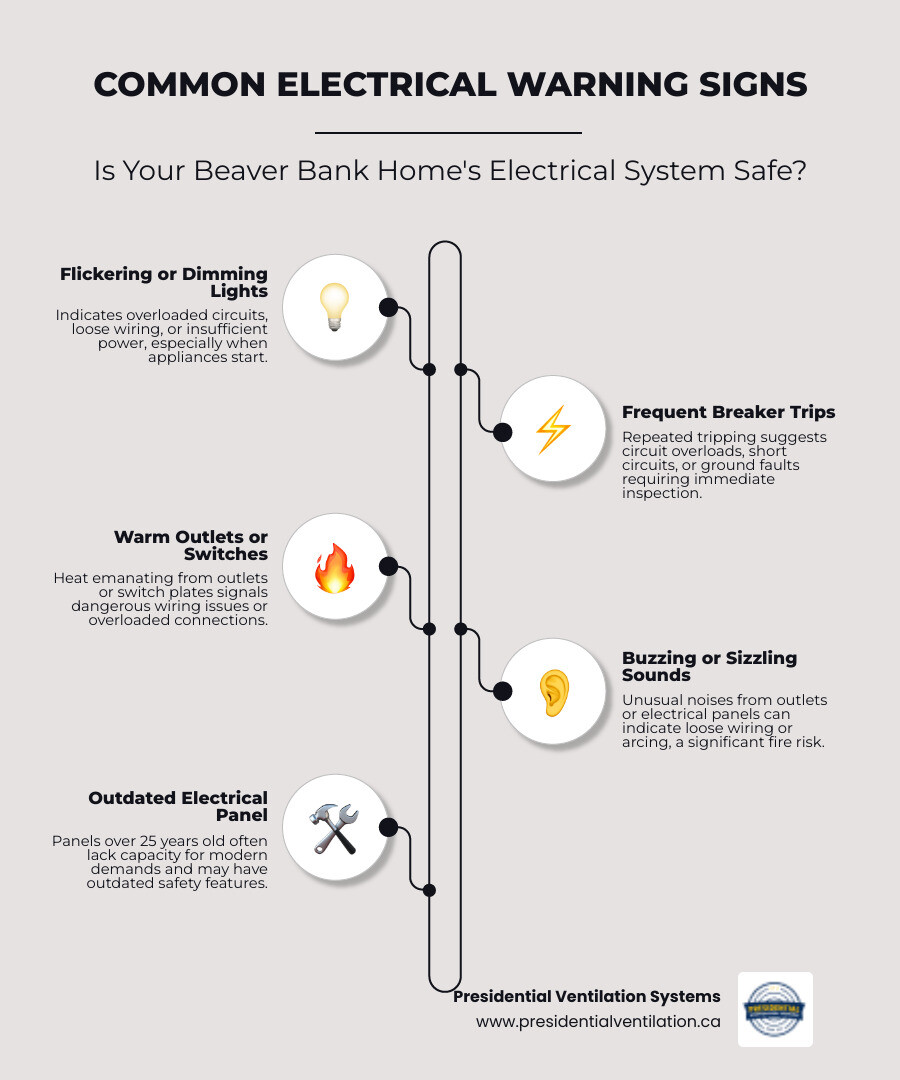 Infographic showing common electrical warning signs including flickering lights, warm outlets, frequent breaker trips, buzzing sounds from panels, and outlets that don't work consistently - electrical beaver bank ns infographic infographic-line-5-steps-elegant_beige Infographic showing common electrical warning signs including flickering lights, warm outlets, frequent breaker trips, buzzing sounds from panels, and outlets that don't work consistently - electrical beaver bank ns infographic infographic-line-5-steps-elegant_beige