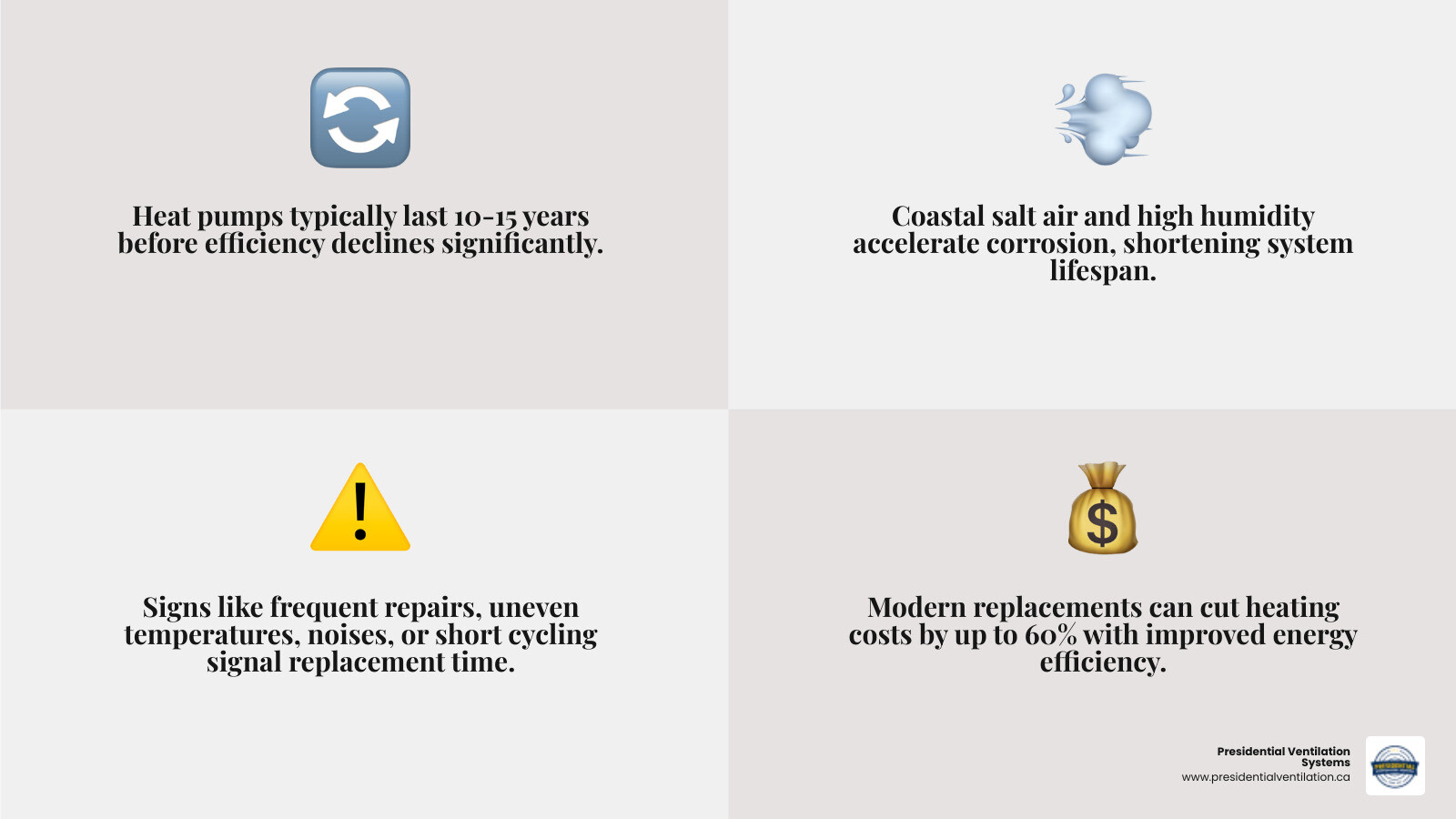 HVAC replacement lifecycle infographic showing age, warning signs, replacement steps, and energy savings - HVAC System