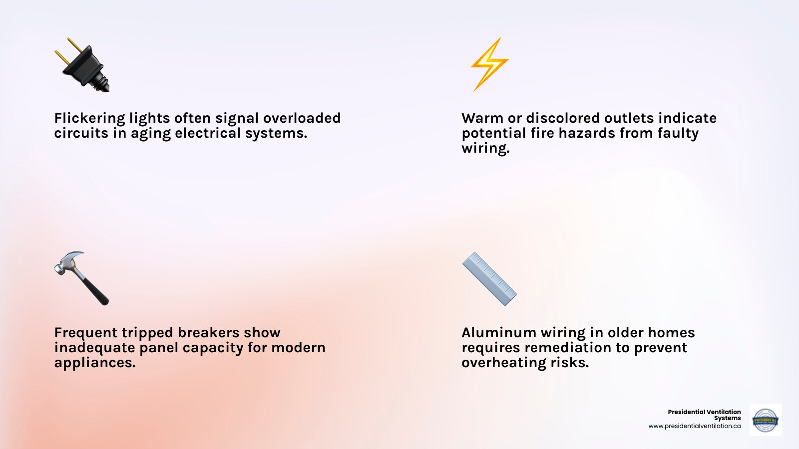 Infographic showing top signs of an aging electrical system in Fall River NS homes and what to look for in a qualified