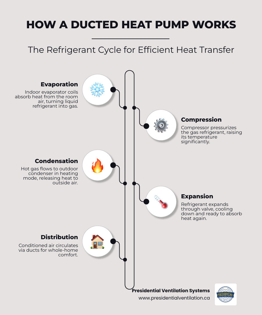 Infographic showing how a ducted heat pump transfers heat through refrigerant cycle for whole-home comfort - what is a