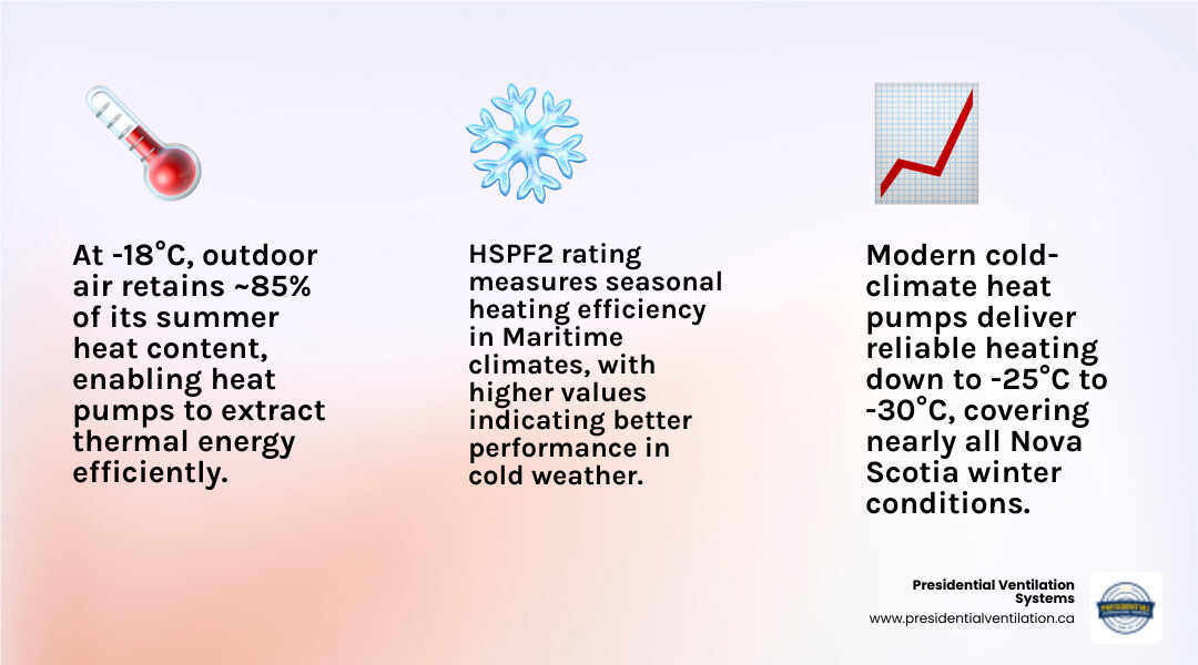 Infographic showing how cold-climate heat pumps extract heat from freezing air in Nova Scotia winters with COP and HSPF2