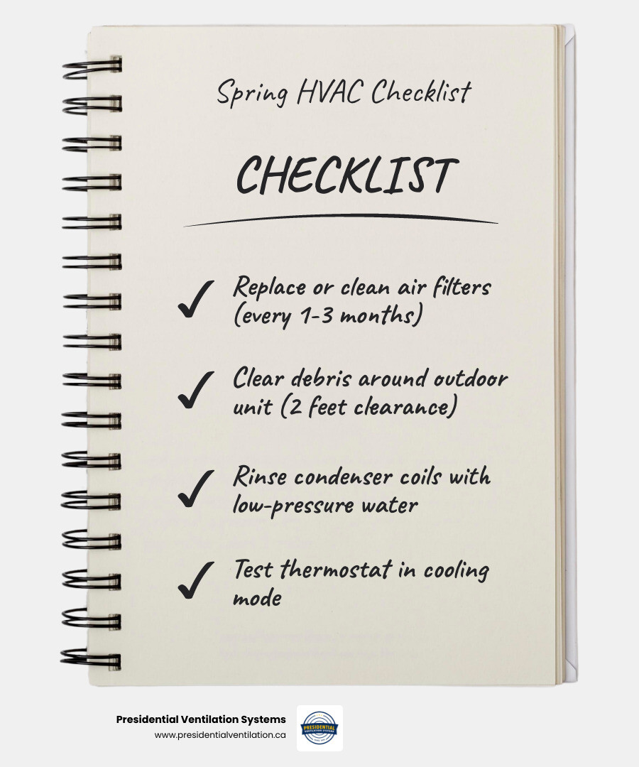 Spring HVAC maintenance checklist infographic showing DIY and professional tasks with seasonal timing - spring heat pump and