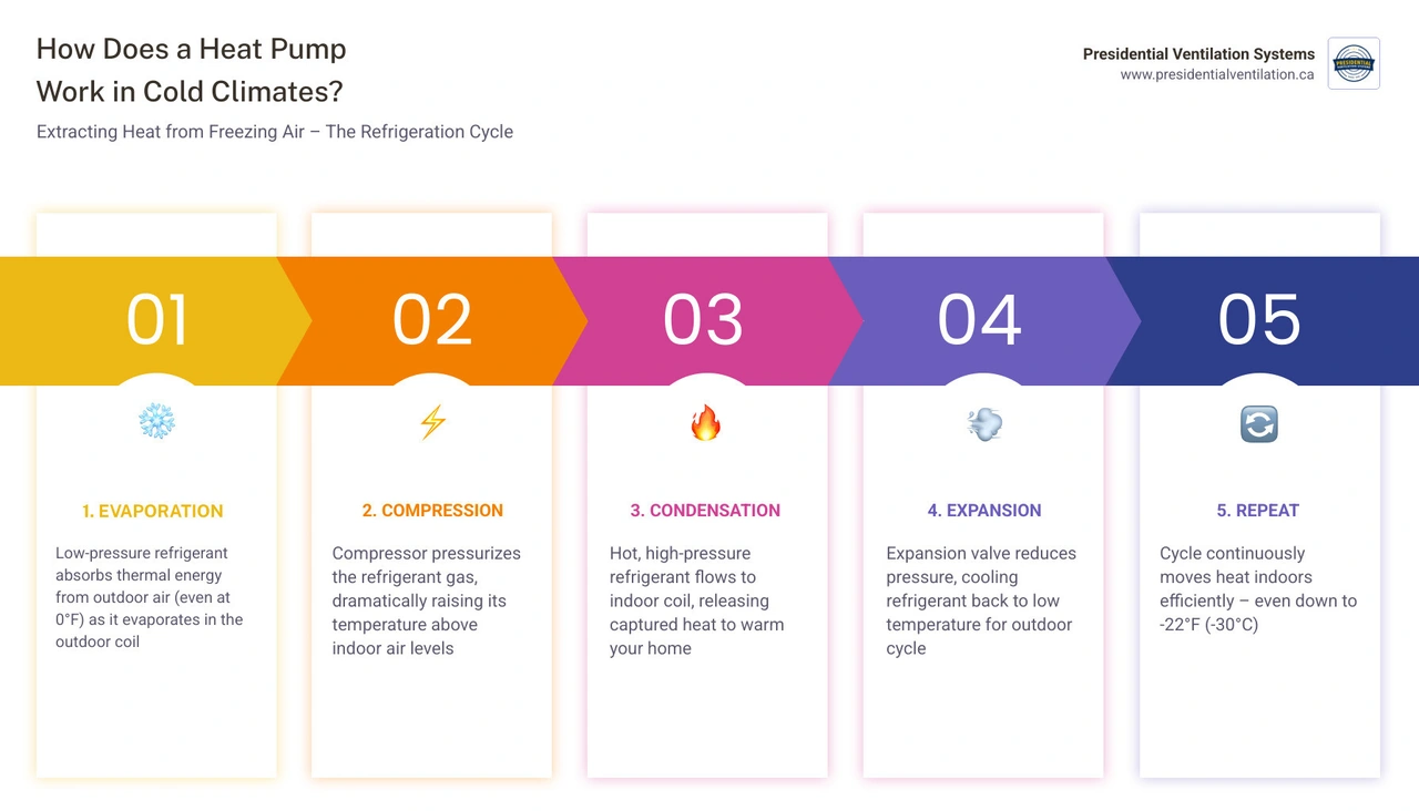 Infographic showing refrigeration cycle and heat extraction from cold outdoor air in winter - how does a heat pump work in Infographic showing refrigeration cycle and heat extraction from cold outdoor air in winter - how does a heat pump work in
