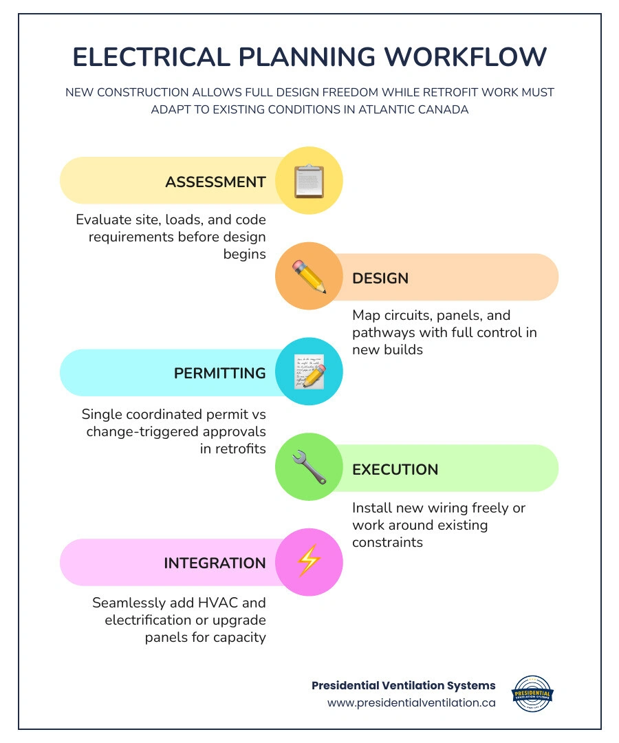 New construction vs retrofit electrical planning workflow comparison infographic for Atlantic Canada infographic New construction vs retrofit electrical planning workflow comparison infographic for Atlantic Canada infographic
