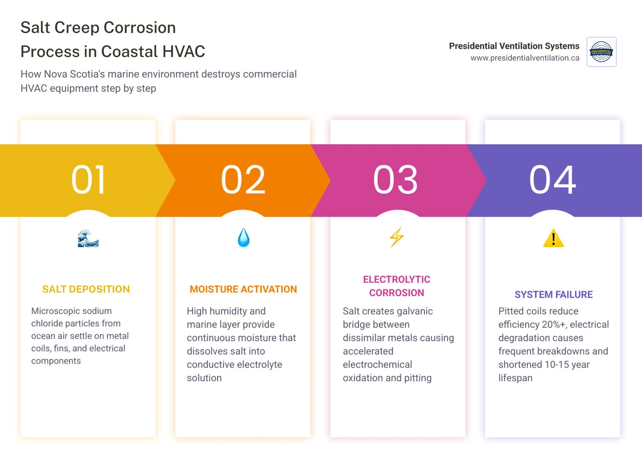Infographic showing how salt air corrosion damages commercial HVAC equipment in coastal Nova Scotia step by step infographic Infographic showing how salt air corrosion damages commercial HVAC equipment in coastal Nova Scotia step by step infographic