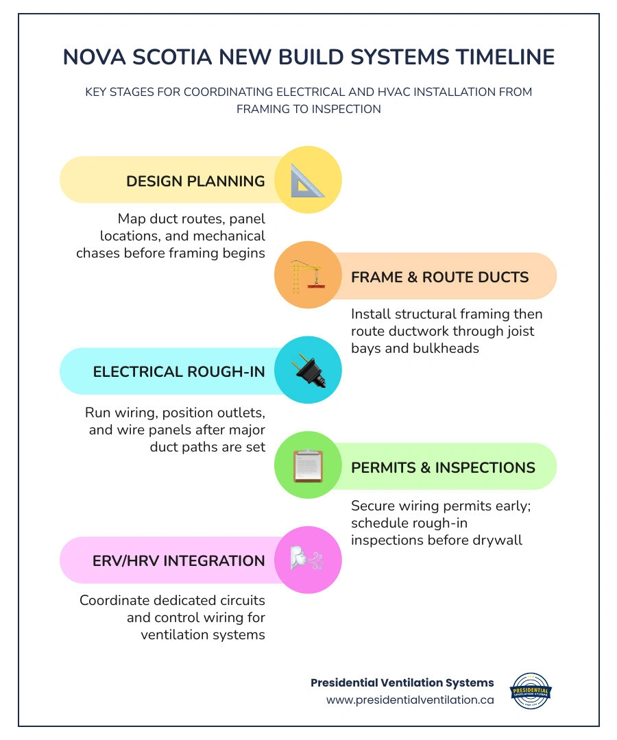 Timeline infographic showing electrical and HVAC rough-in stages in a Nova Scotia new build from framing to final inspection