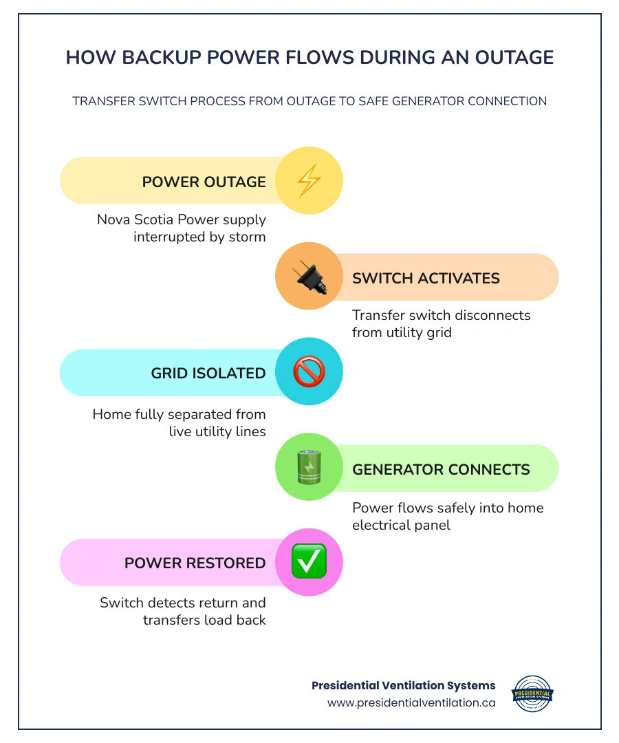 Infographic showing backup power flow from generator through transfer switch to home electrical panel during outage Infographic showing backup power flow from generator through transfer switch to home electrical panel during outage