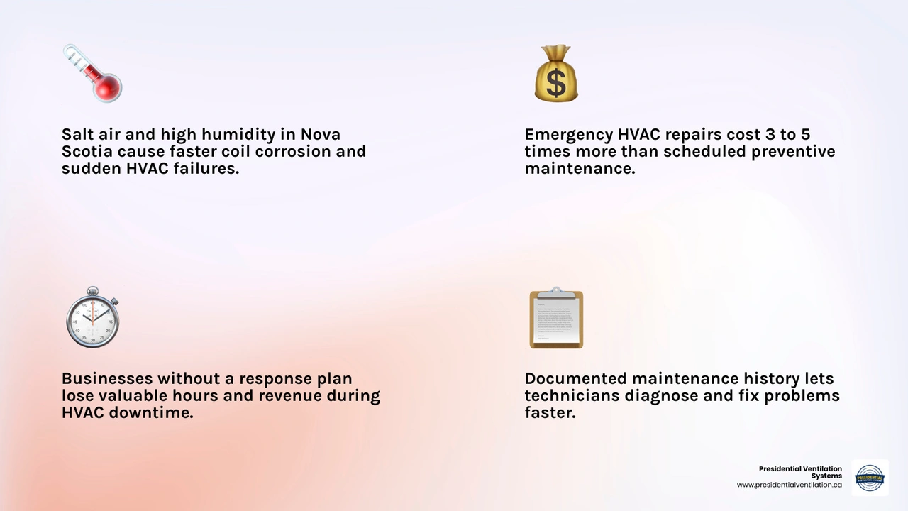 Infographic showing 7 steps to minimize commercial HVAC downtime in Nova Scotia with key facts infographic