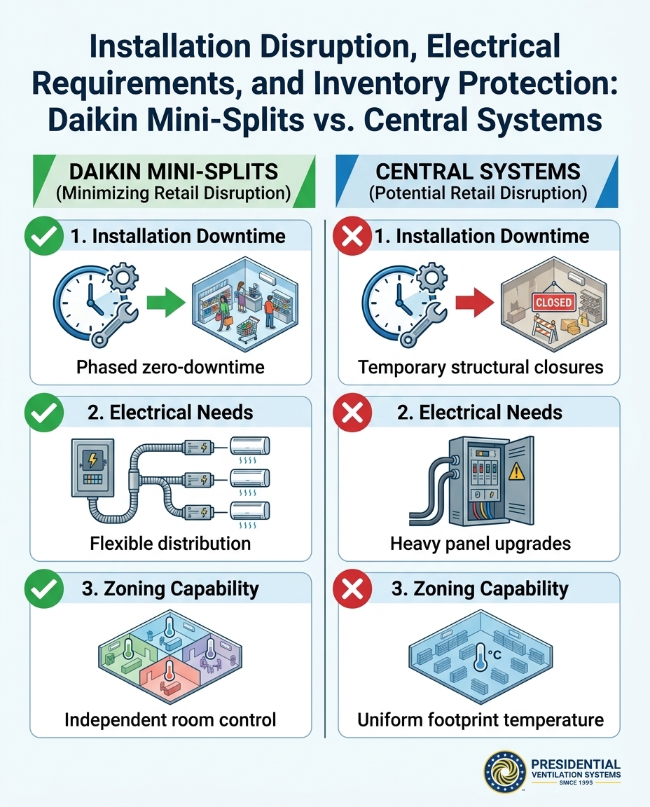 Installation Disruption, Electrical Requirements, and Inventory Protection: Daikin Mini-Splits vs. Central Systems