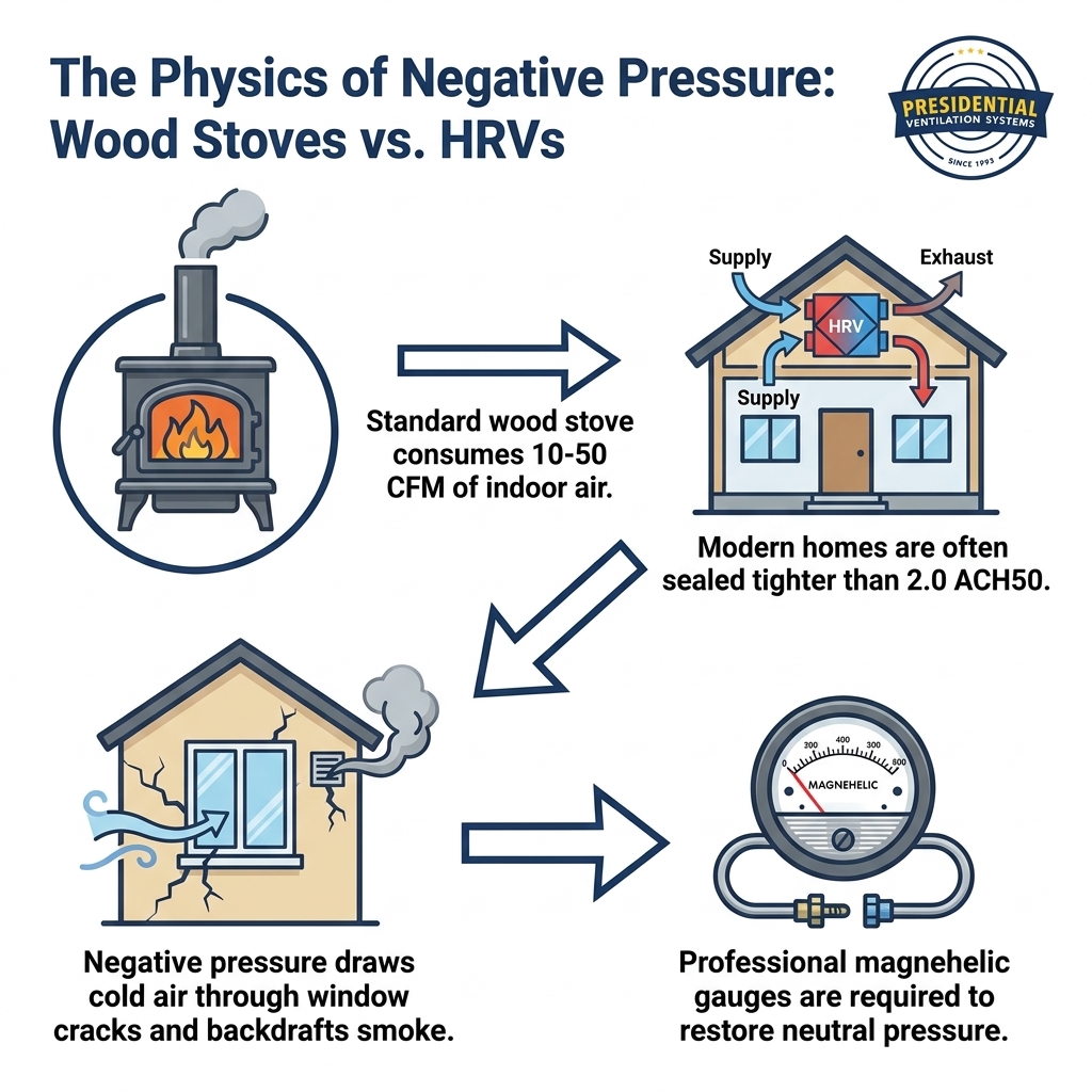 The Physics of Negative Pressure: Wood Stoves vs. HRVs