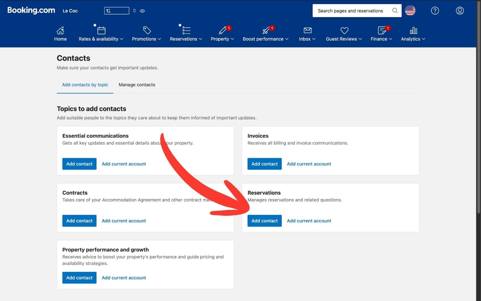 Reservations section with Add contact