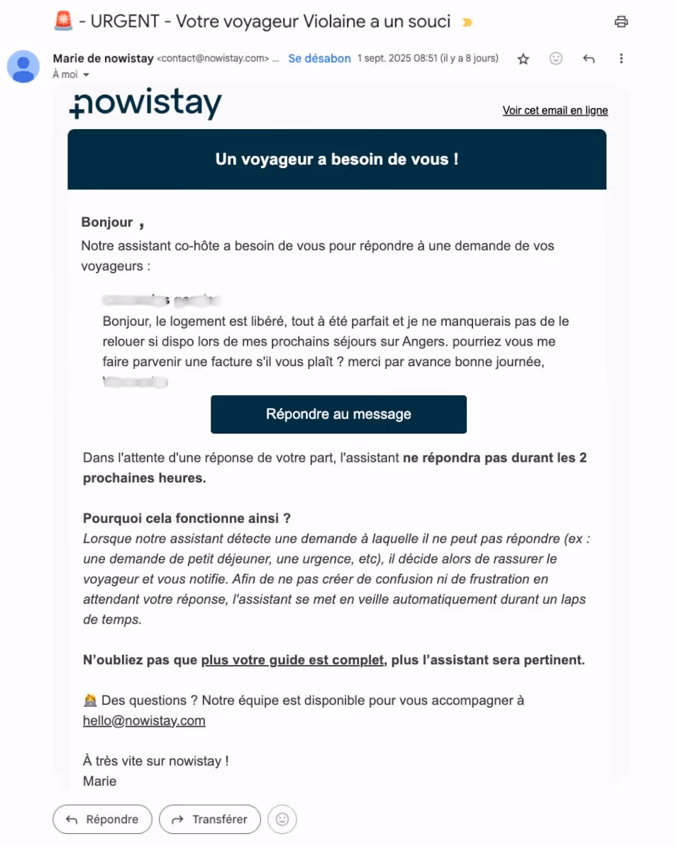Email notification nowistay