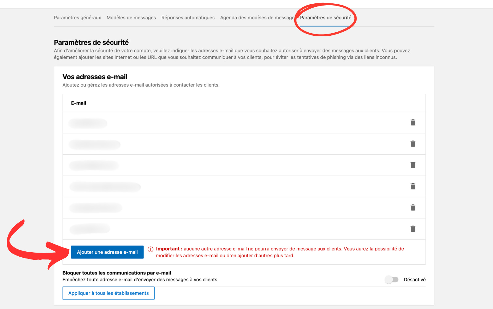Paramètres de sécurité ajouter email