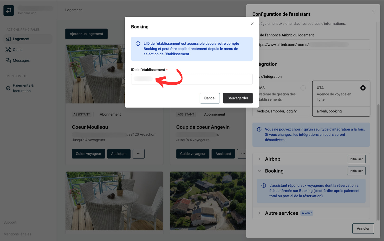 Saisie de l'ID Établissement Booking