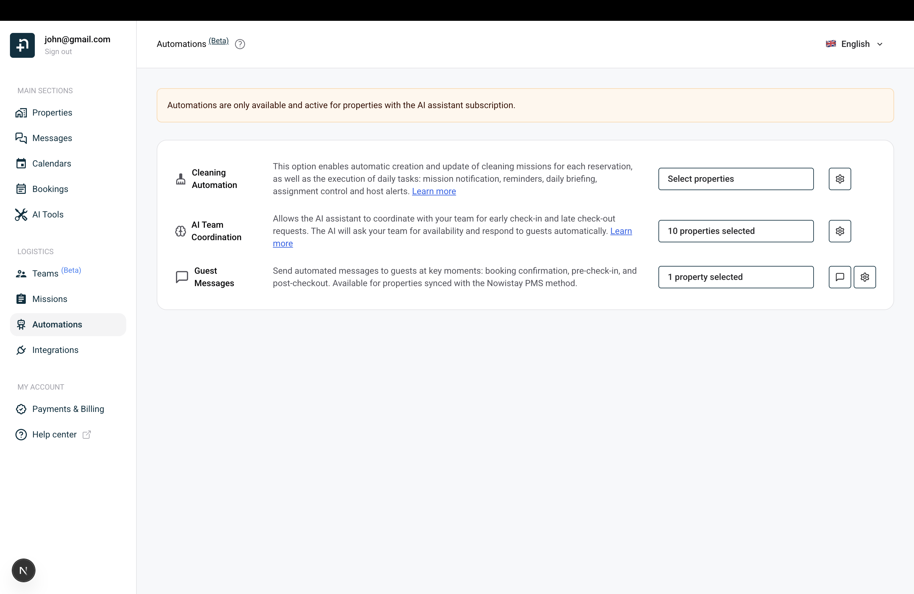 Nowistay Automations page showing three automation types: Cleaning Automation, AI Team Coordination, and Guest Messages