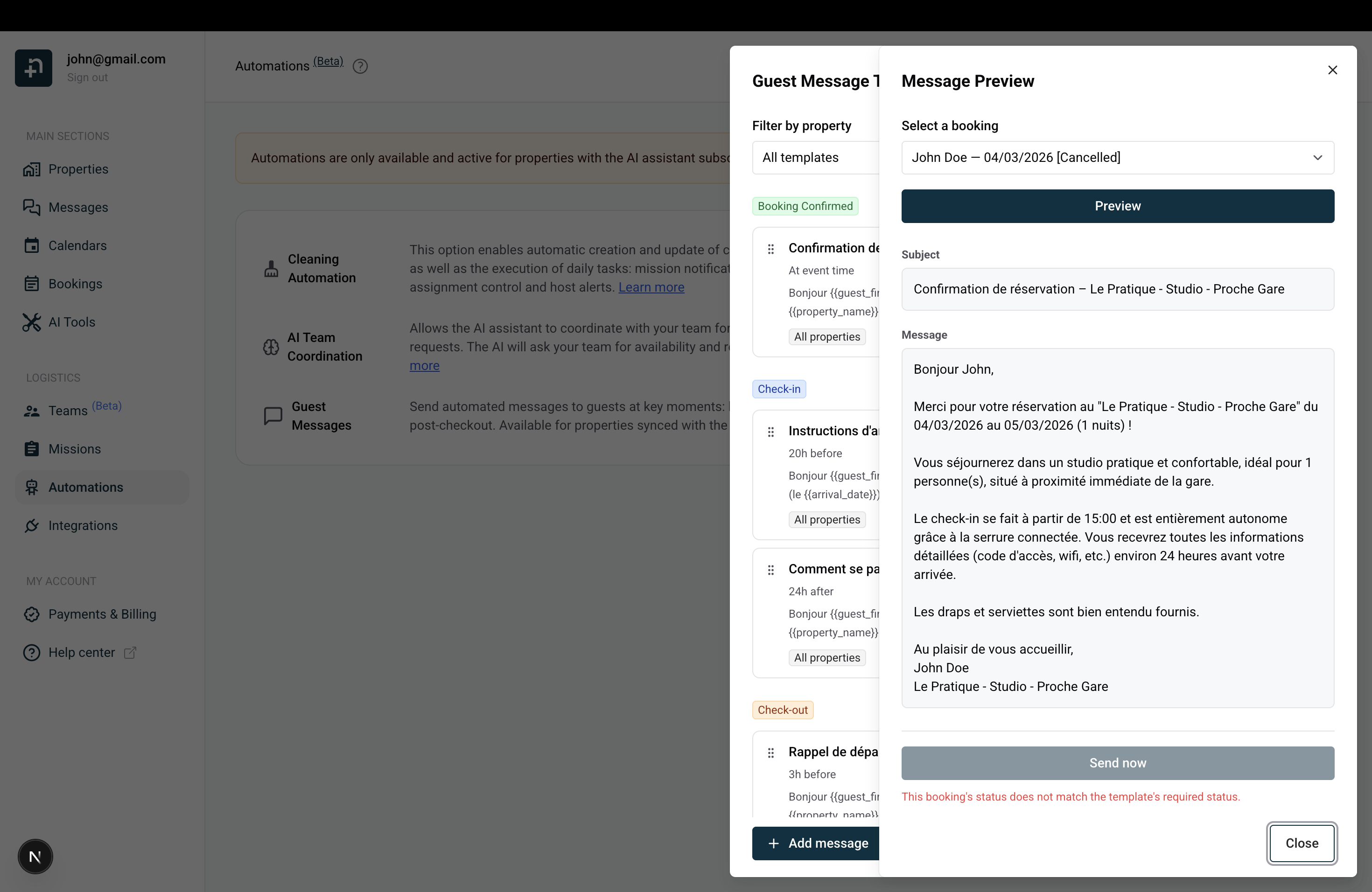 Message Preview dialog showing a real booking preview with resolved subject line, full message content, and Send now button