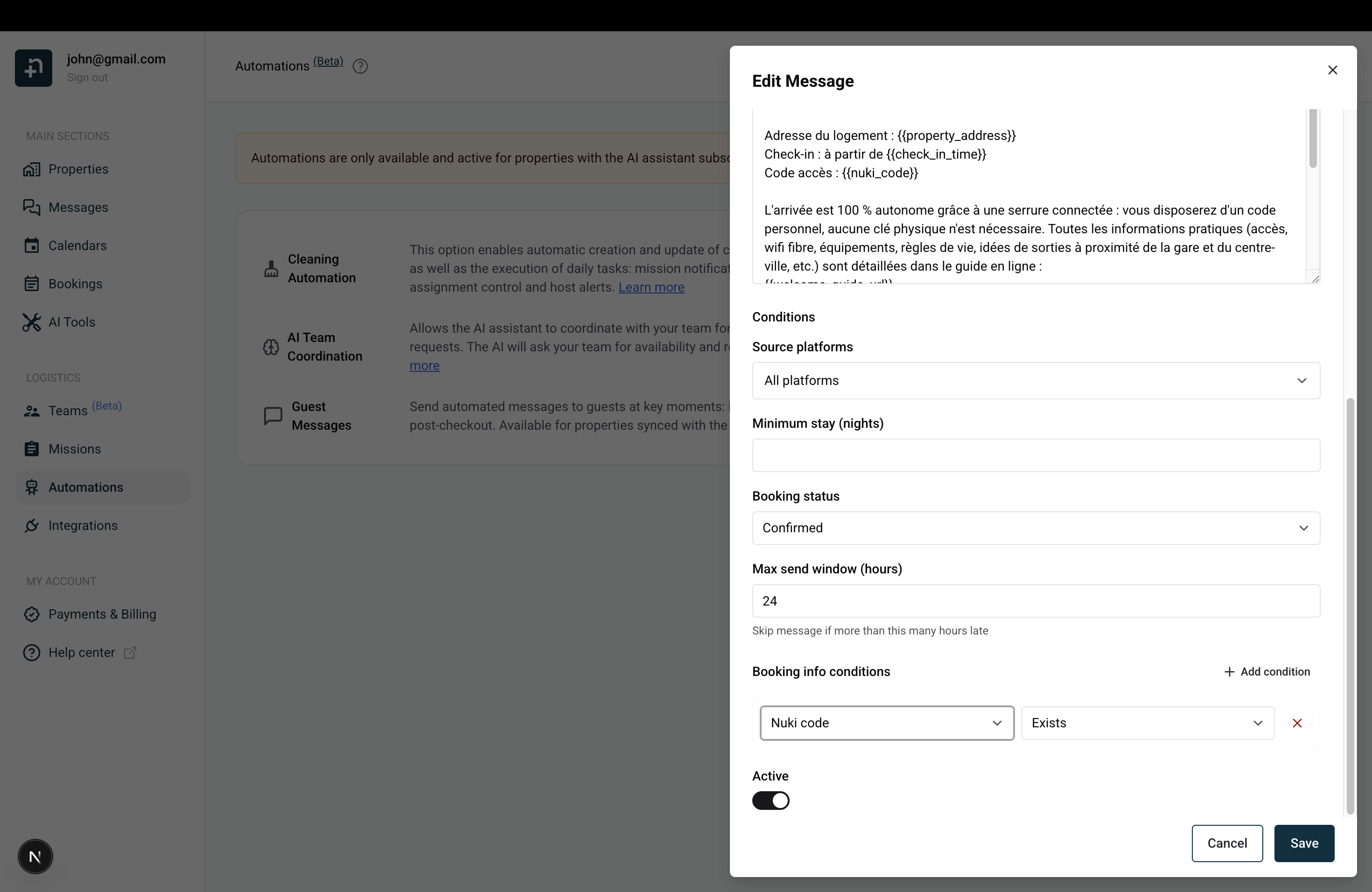 Conditions section of the template editor showing source platforms, minimum stay, booking status, max send window, and booking info conditions with Nuki code filter
