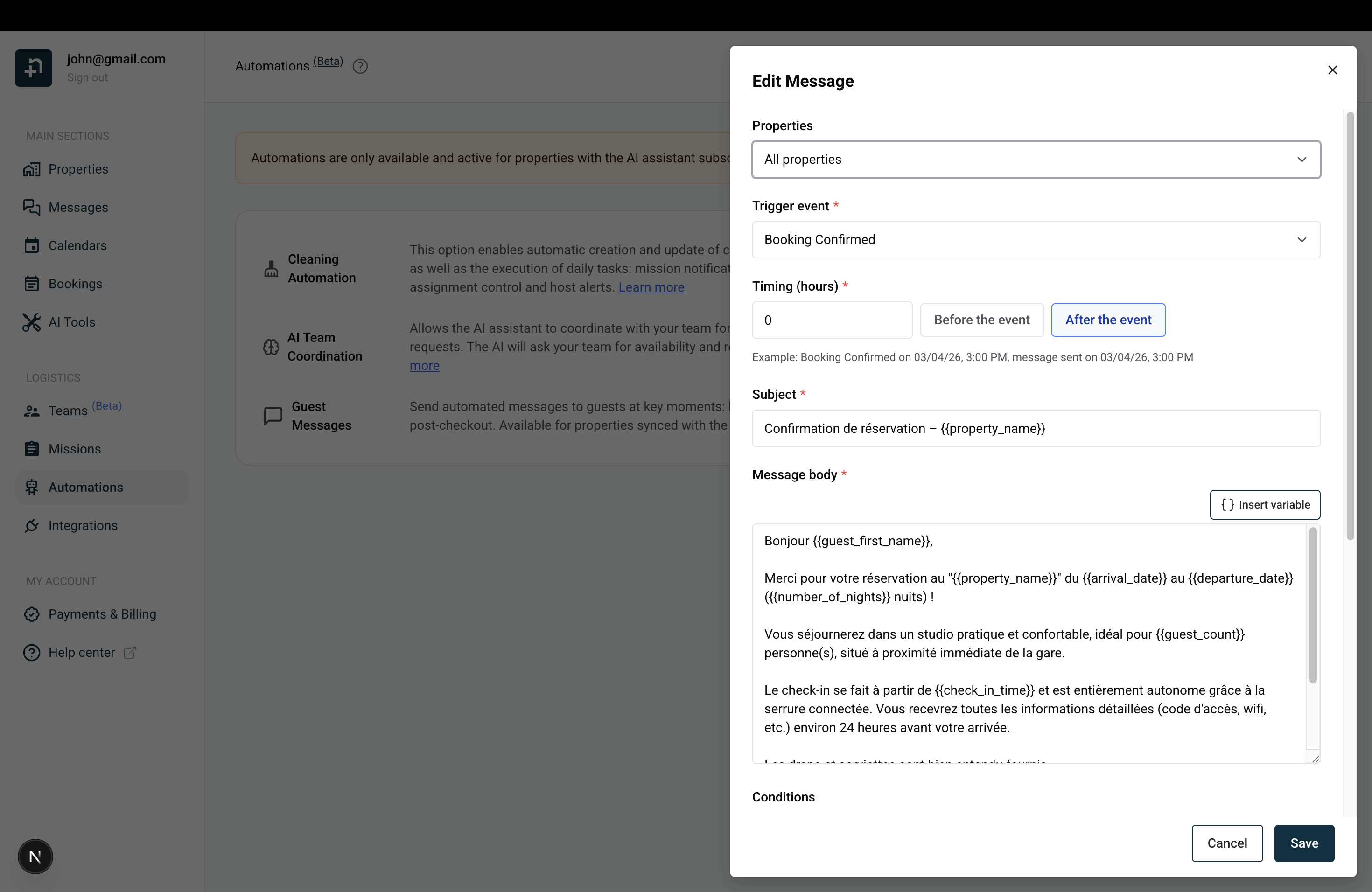 Edit Message dialog showing properties selector, trigger event dropdown, timing with Before and After buttons, subject line, and message body with Insert Variable button