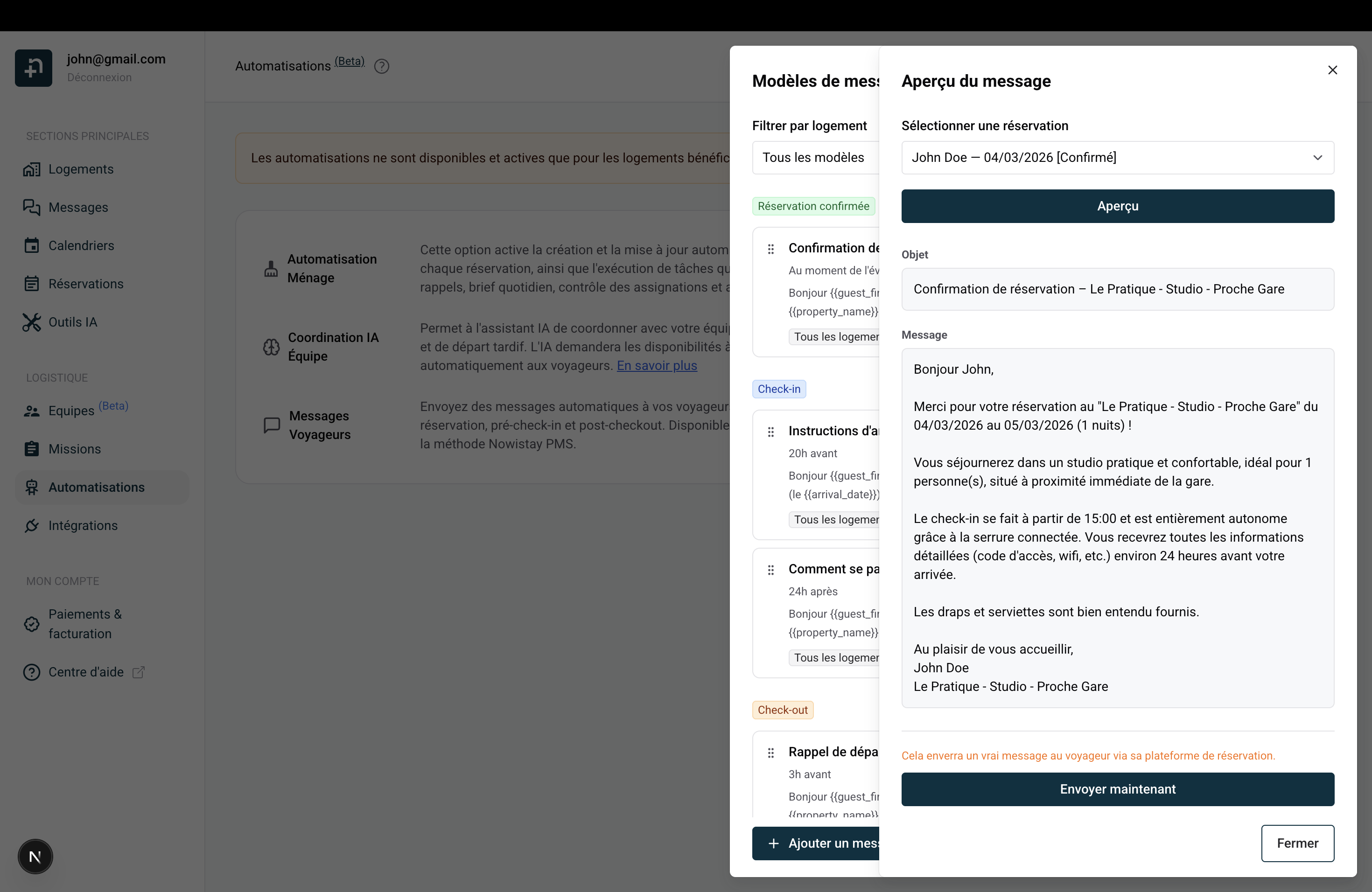 Boîte de dialogue Aperçu du message montrant une prévisualisation avec l'objet résolu, le contenu complet et le bouton Envoyer maintenant