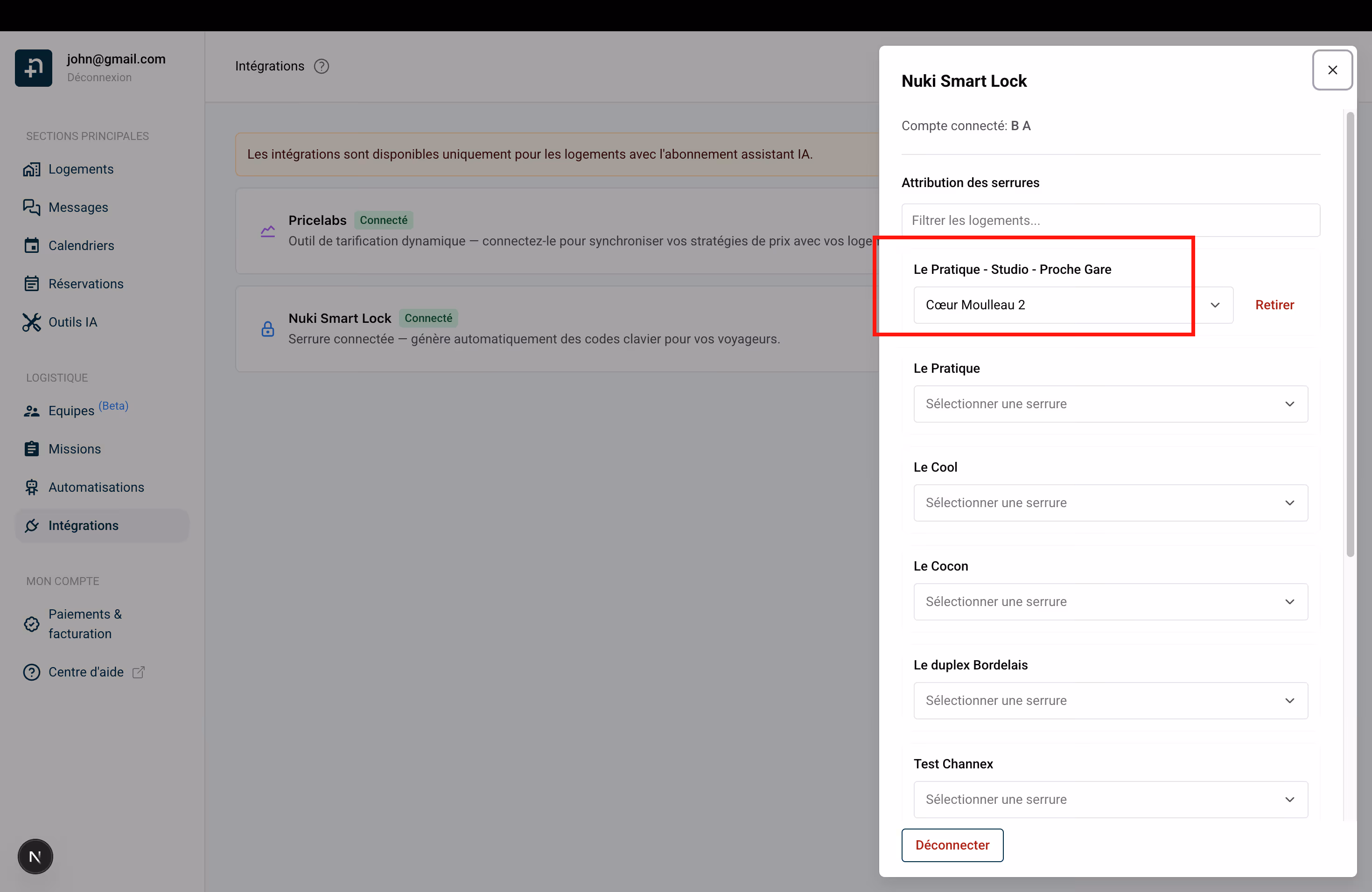 Section Attribution des serrures montrant la liste des logements