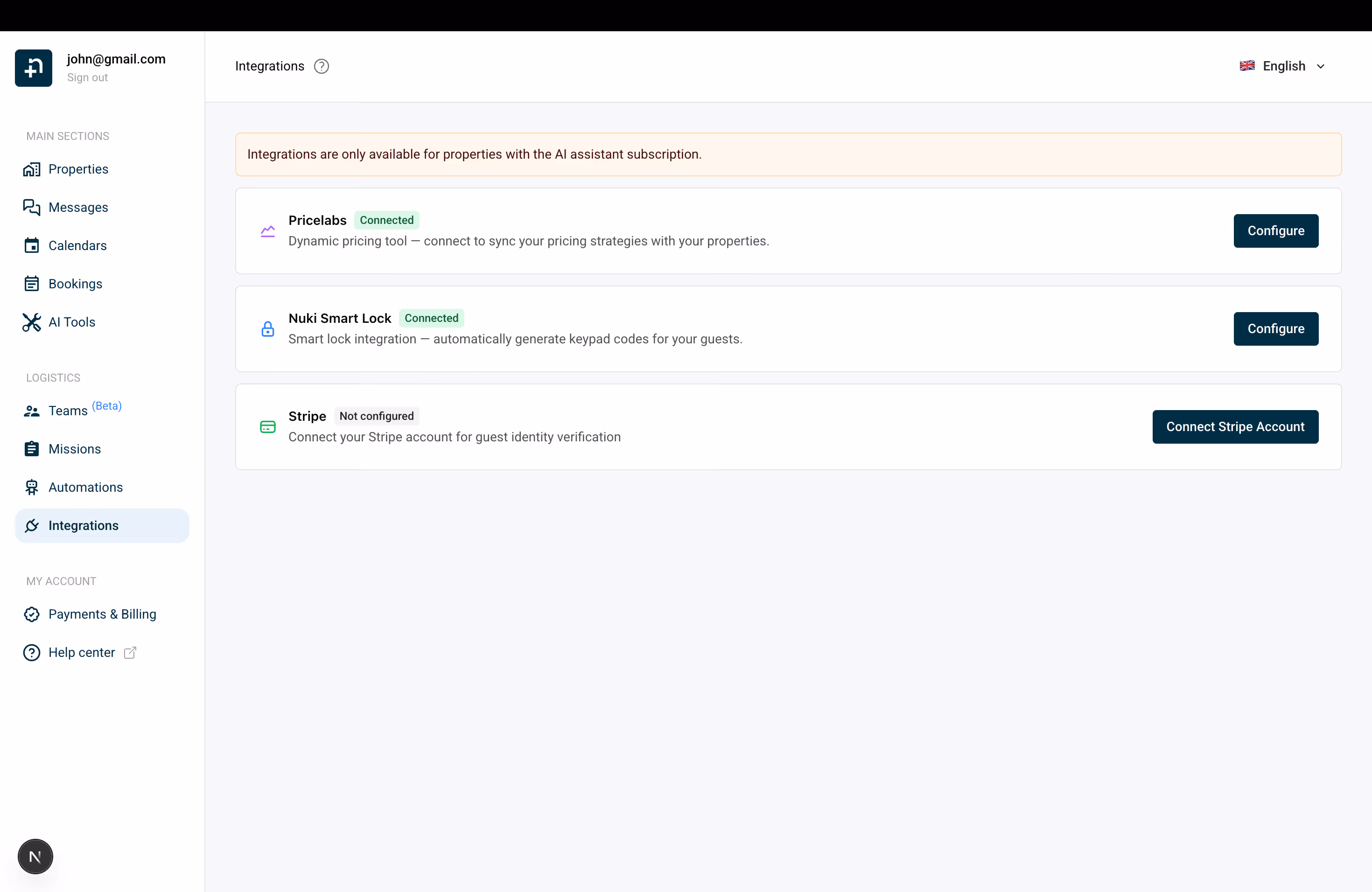 Nowistay Integrations page showing Stripe not configured with Connect Stripe Account button