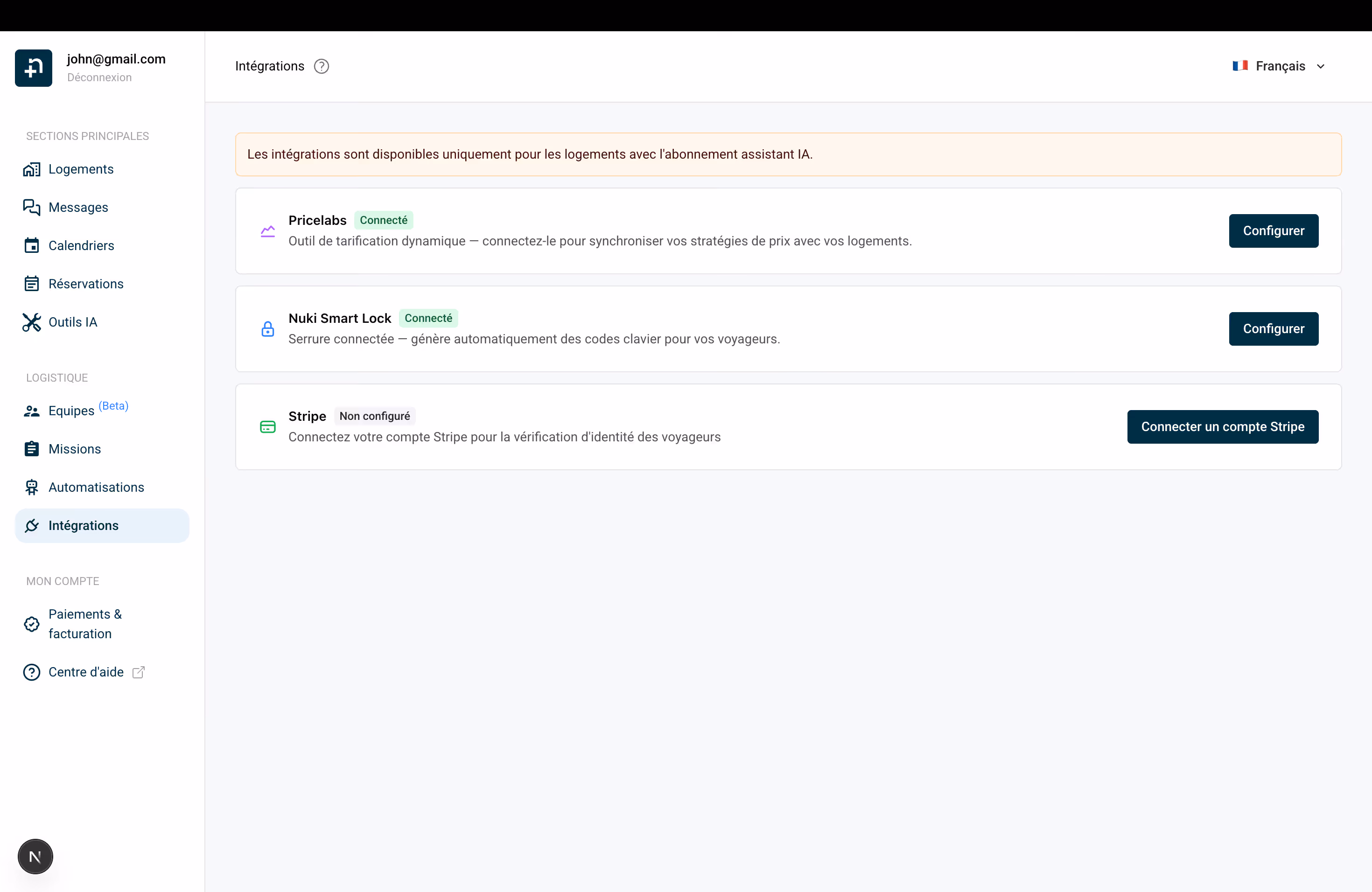Page Intégrations Nowistay avec Stripe non configuré et bouton Connecter un compte Stripe