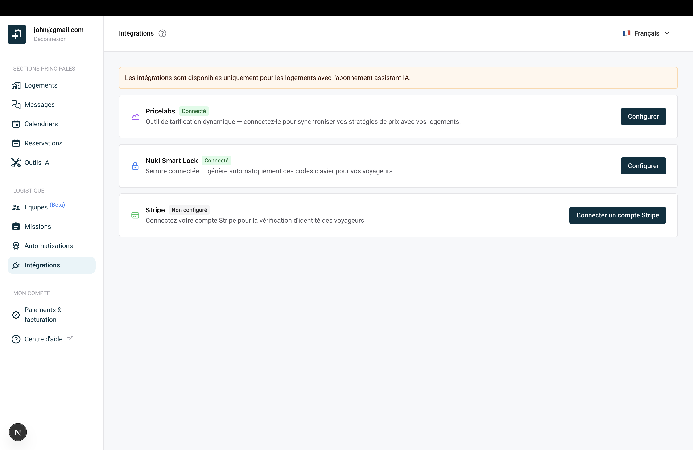 Page Intégrations Nowistay avec Stripe non configuré et bouton Connecter un compte Stripe