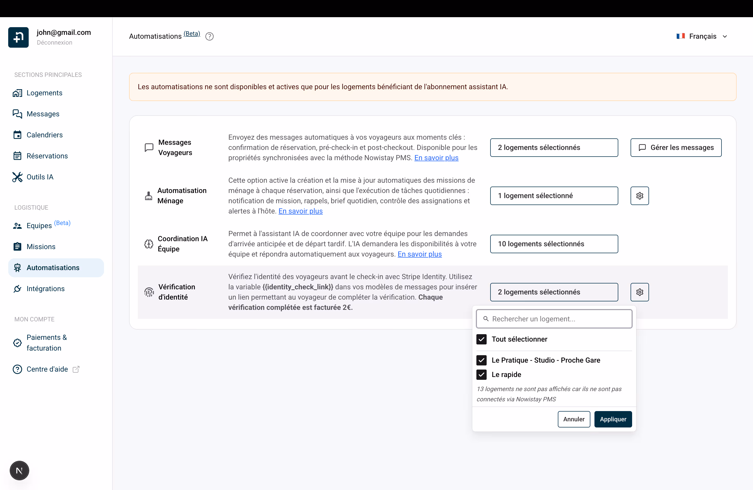 Page Automatisations avec le sélecteur de logements ouvert pour Vérification d'identité