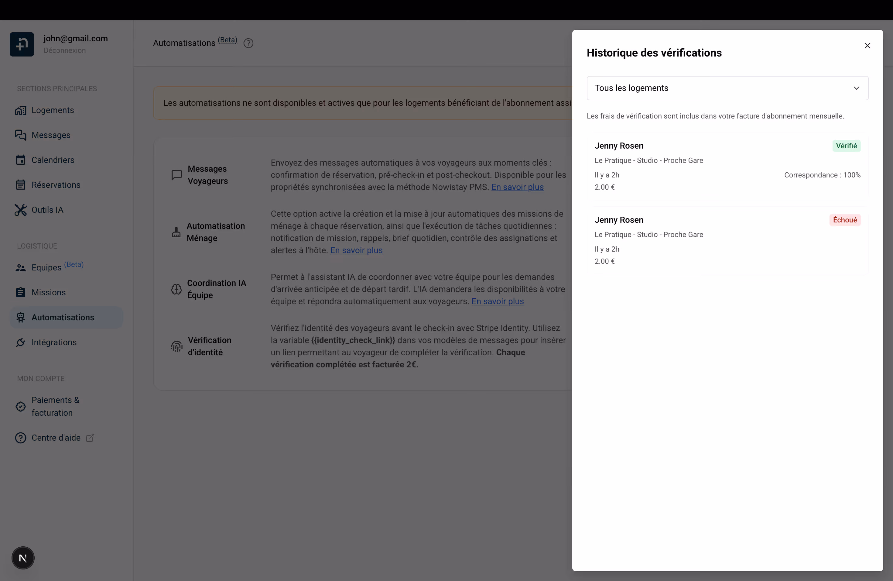 Historique des vérifications avec résultats Vérifié et Échoué