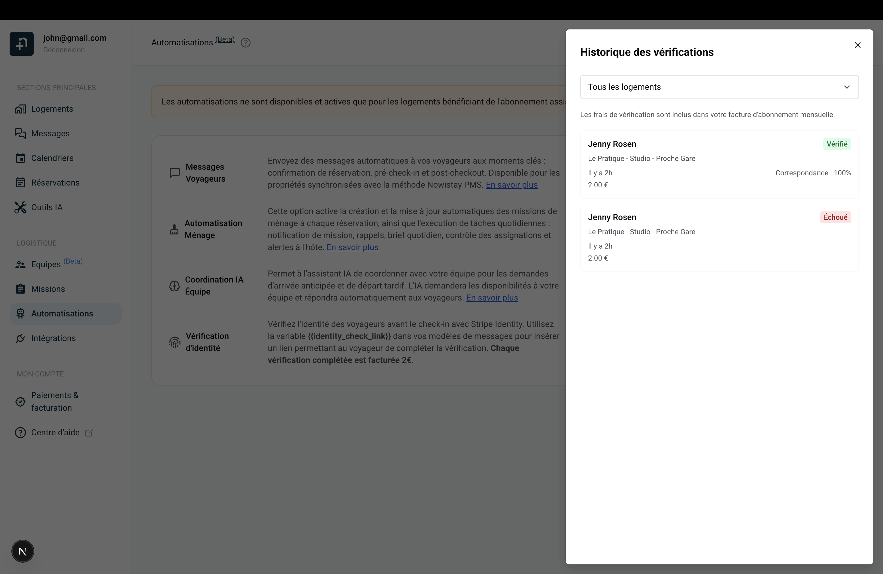 Historique des vérifications avec résultats Vérifié et Échoué