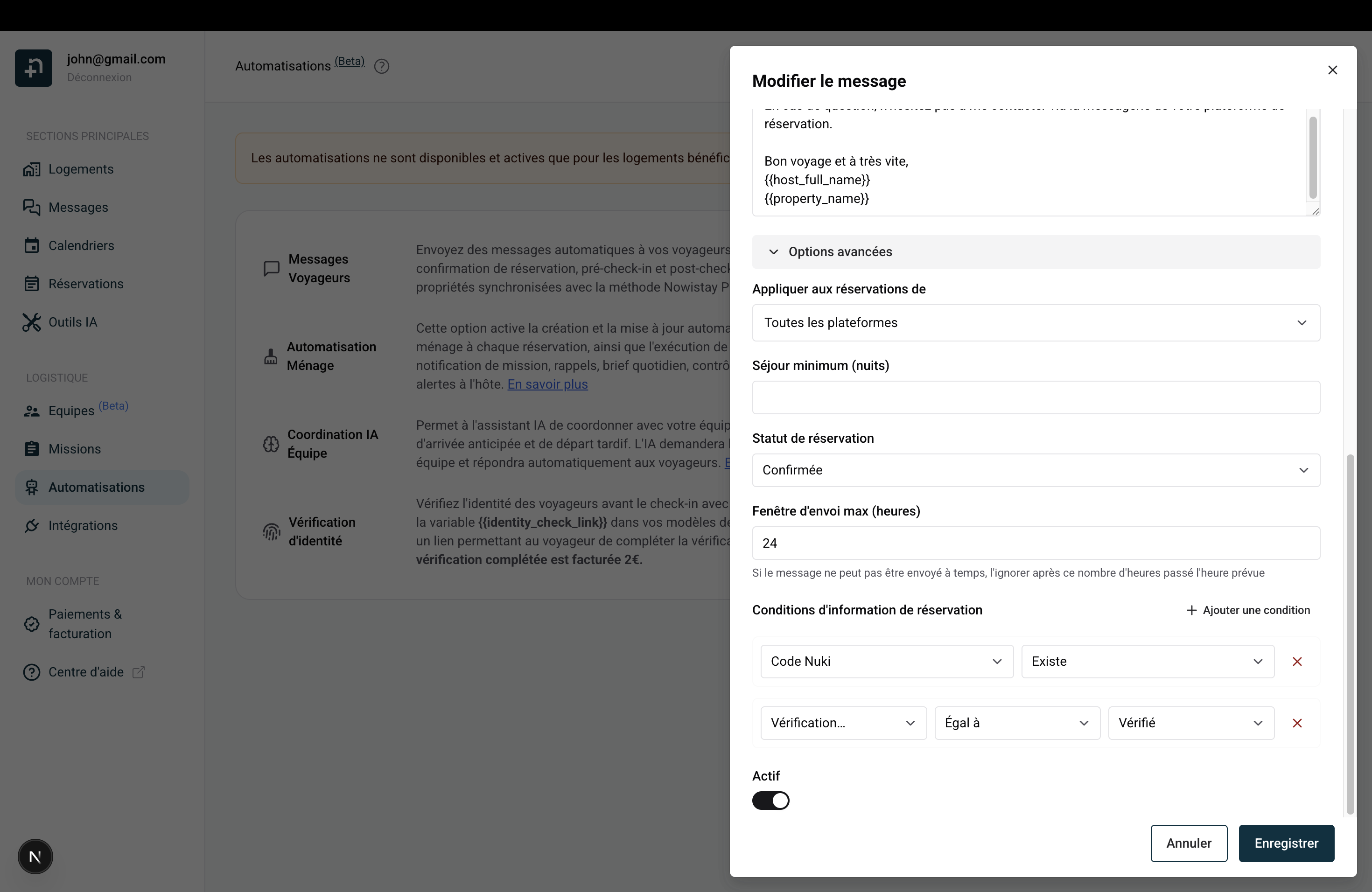 Options avancées du message avec condition Vérification d'identité égal à Vérifié