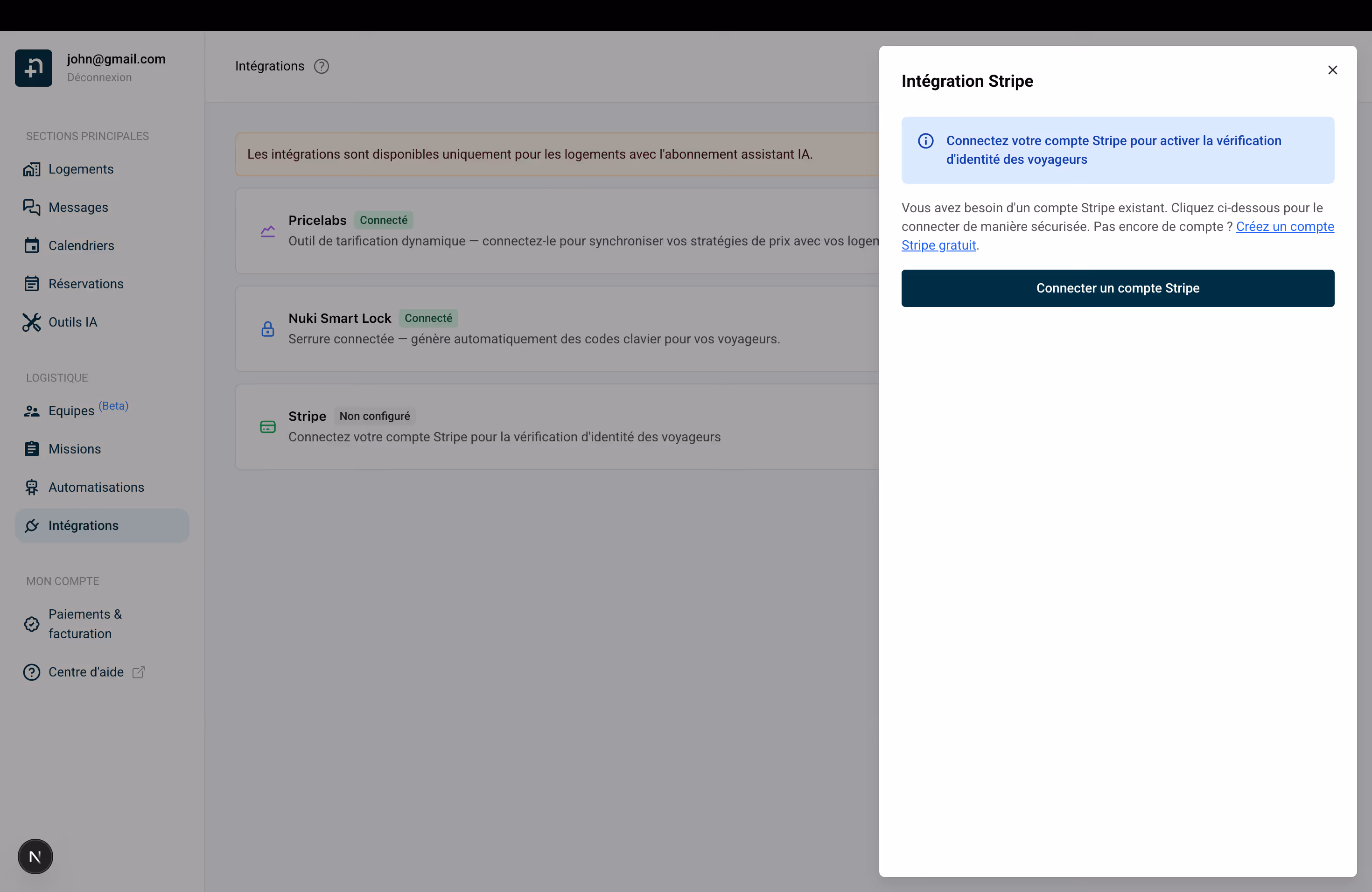 Panneau Intégration Stripe avec bouton Connecter un compte Stripe