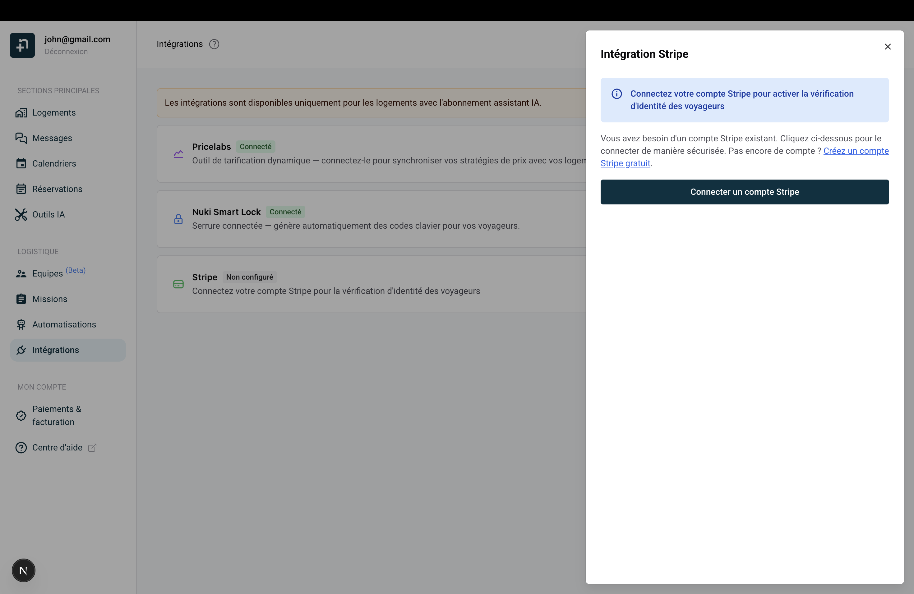 Panneau Intégration Stripe avec bouton Connecter un compte Stripe