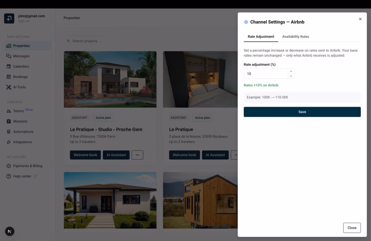 Nowistay channel settings dialog showing the Rate Adjustment tab with a 10 percent increase for Airbnb