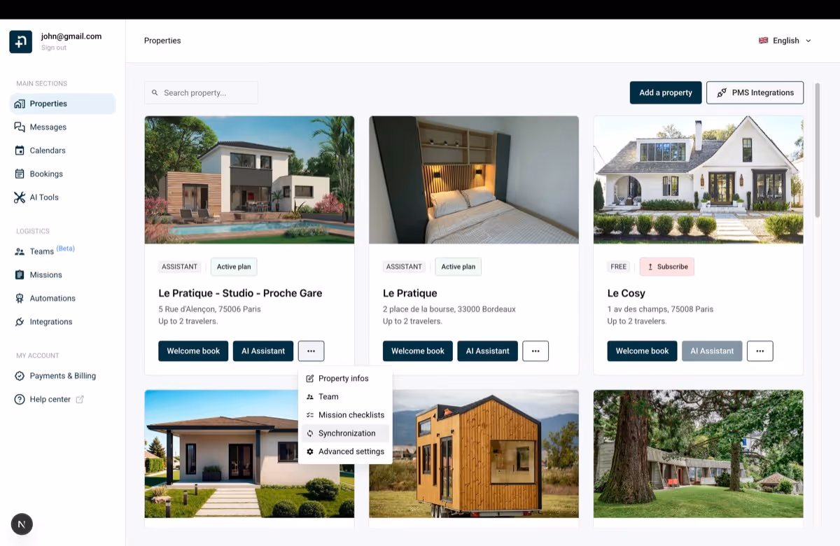 Nowistay properties page showing the property card menu with the Synchronization option
