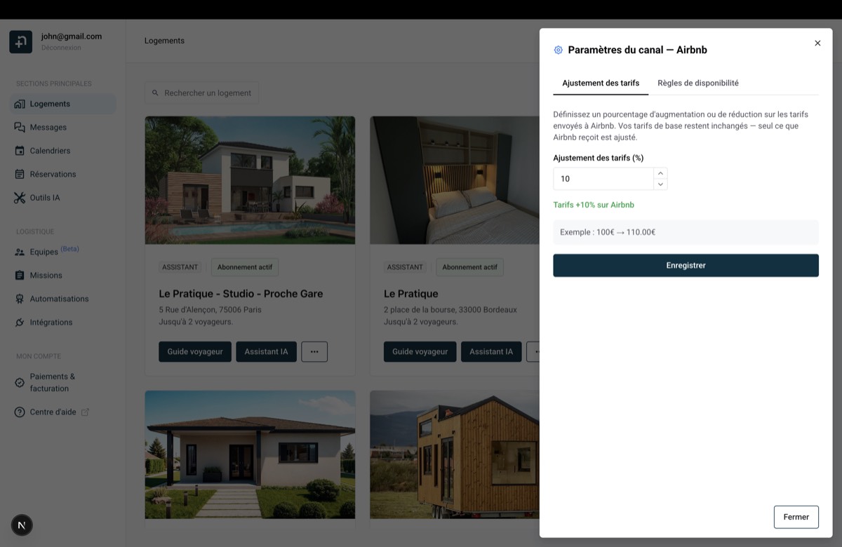 Boîte de dialogue des paramètres du canal Nowistay montrant l'onglet Ajustement des tarifs avec une augmentation de 10 pourcent pour Airbnb