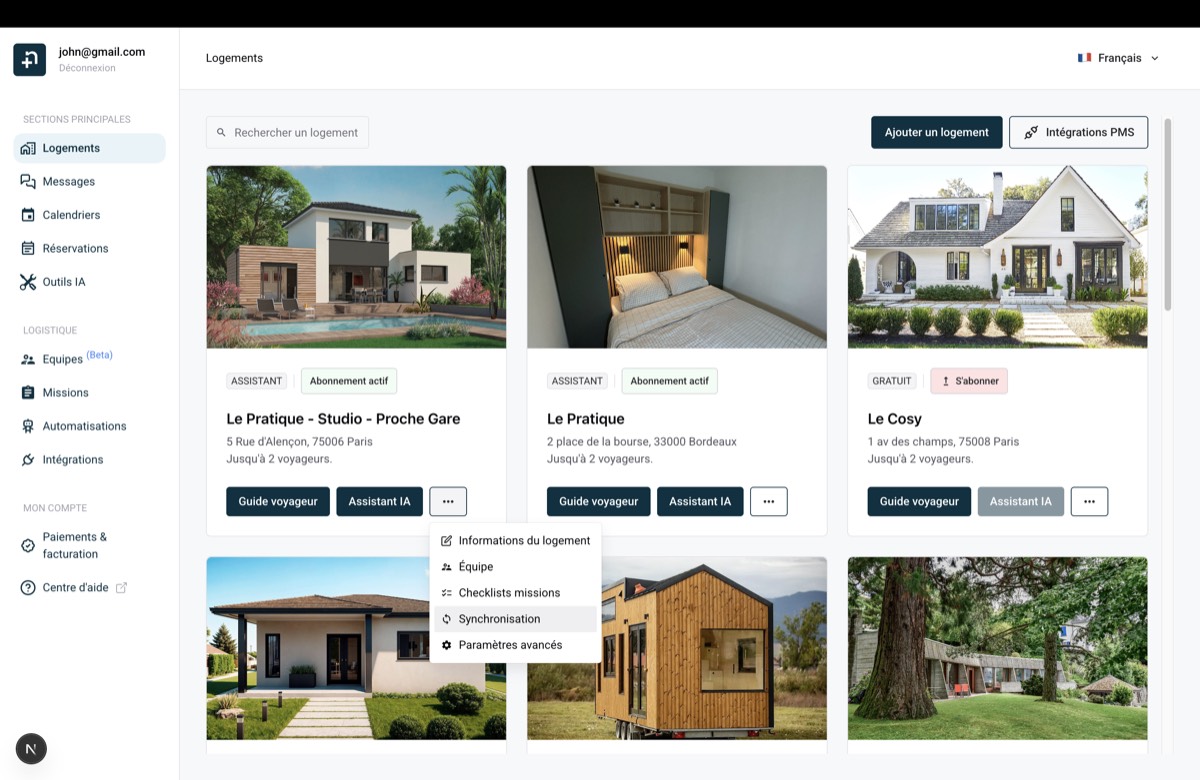 Page des logements Nowistay montrant le menu de la fiche logement avec l'option Synchronisation