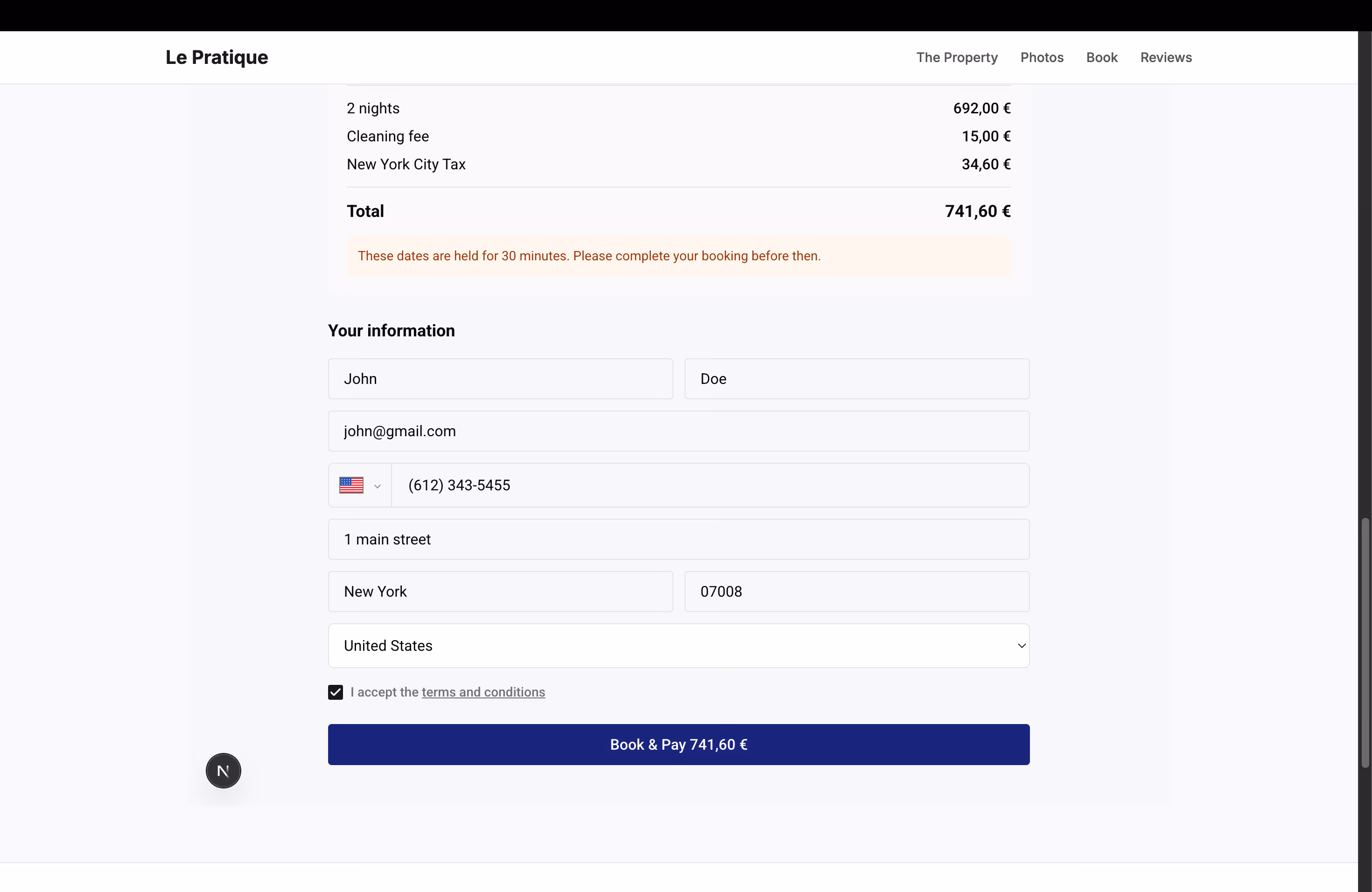 Completed guest form with Book and Pay button