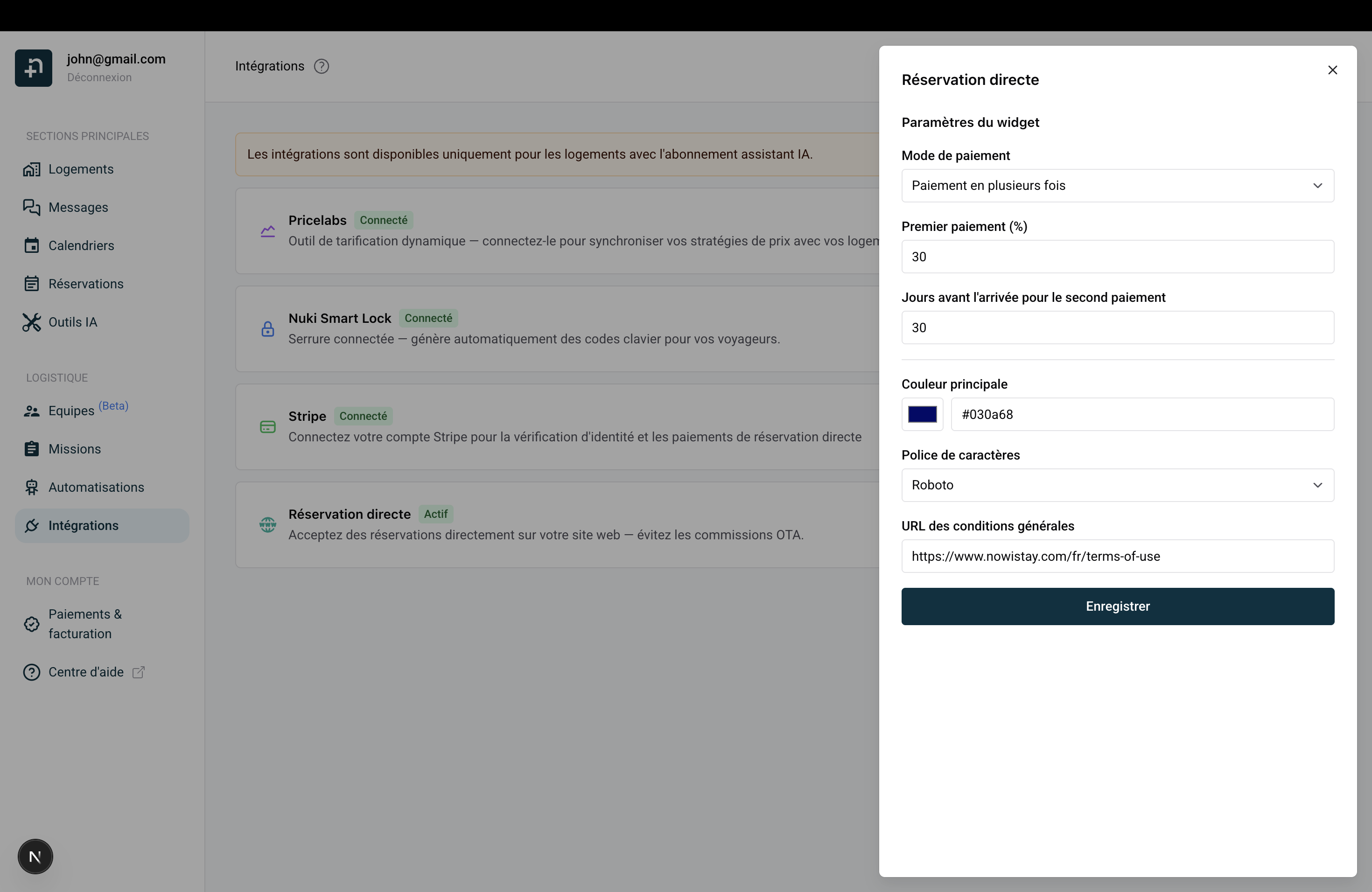 Paramètres du widget avec Paiement en plusieurs fois sélectionné