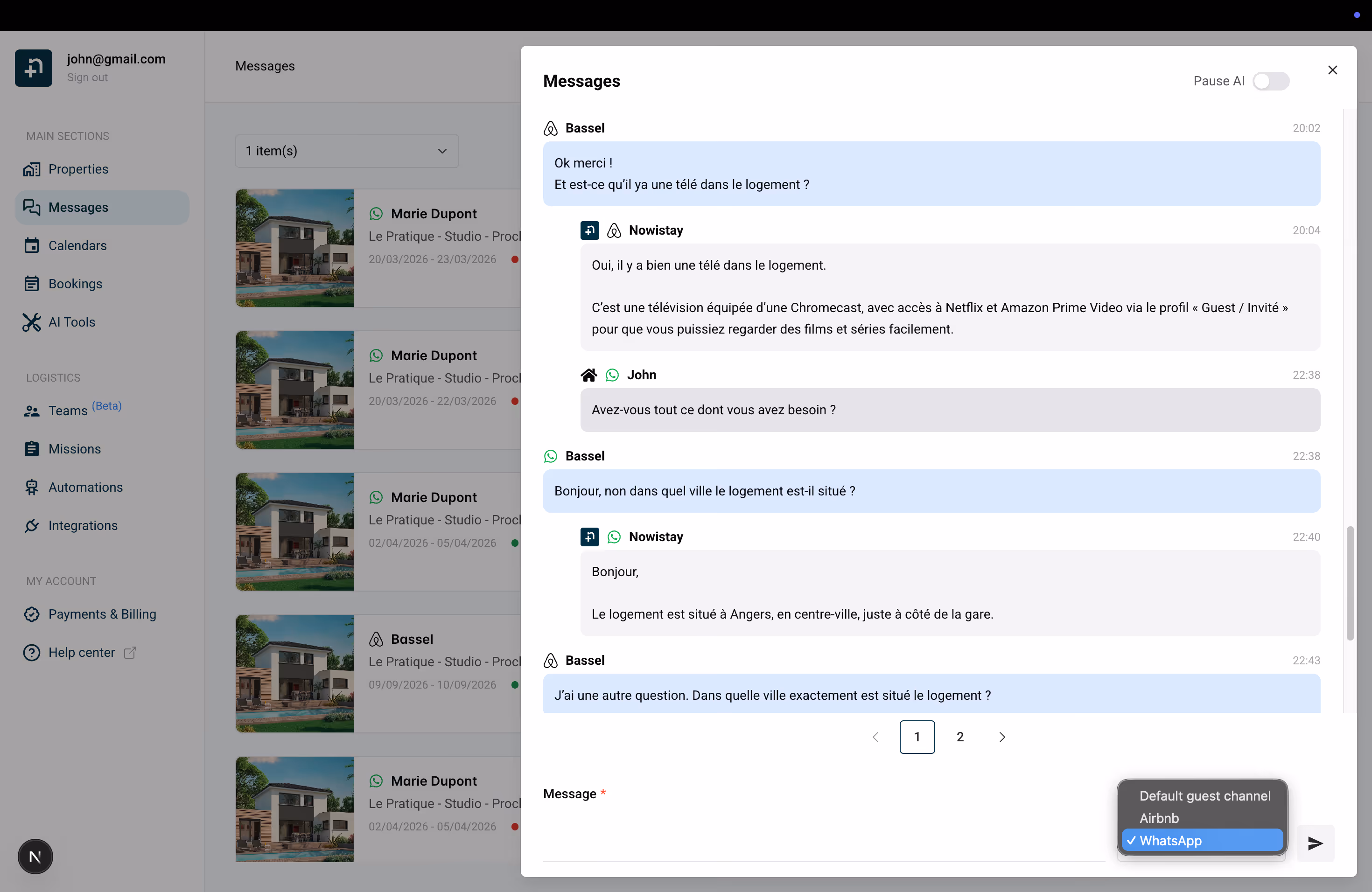 Unified message thread on Nowistay showing WhatsApp and Airbnb messages in one conversation