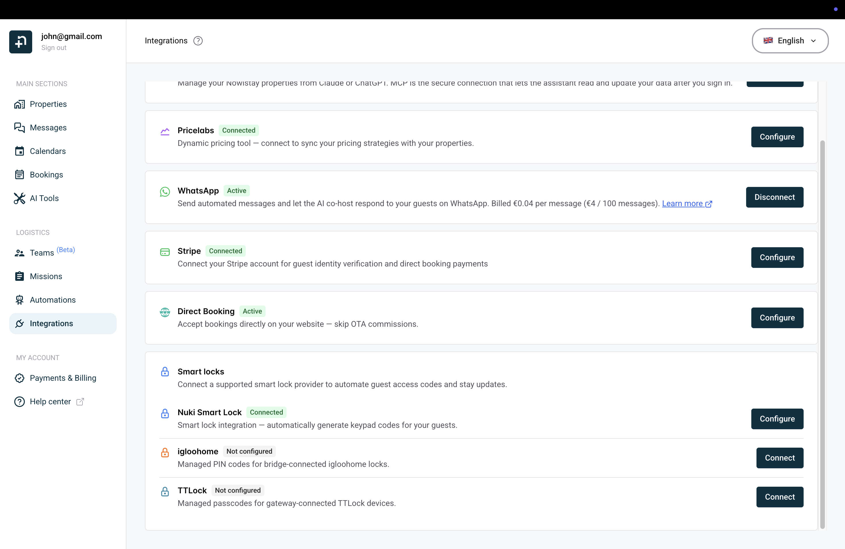 Nowistay Integrations page showing the igloohome card under Smart locks
