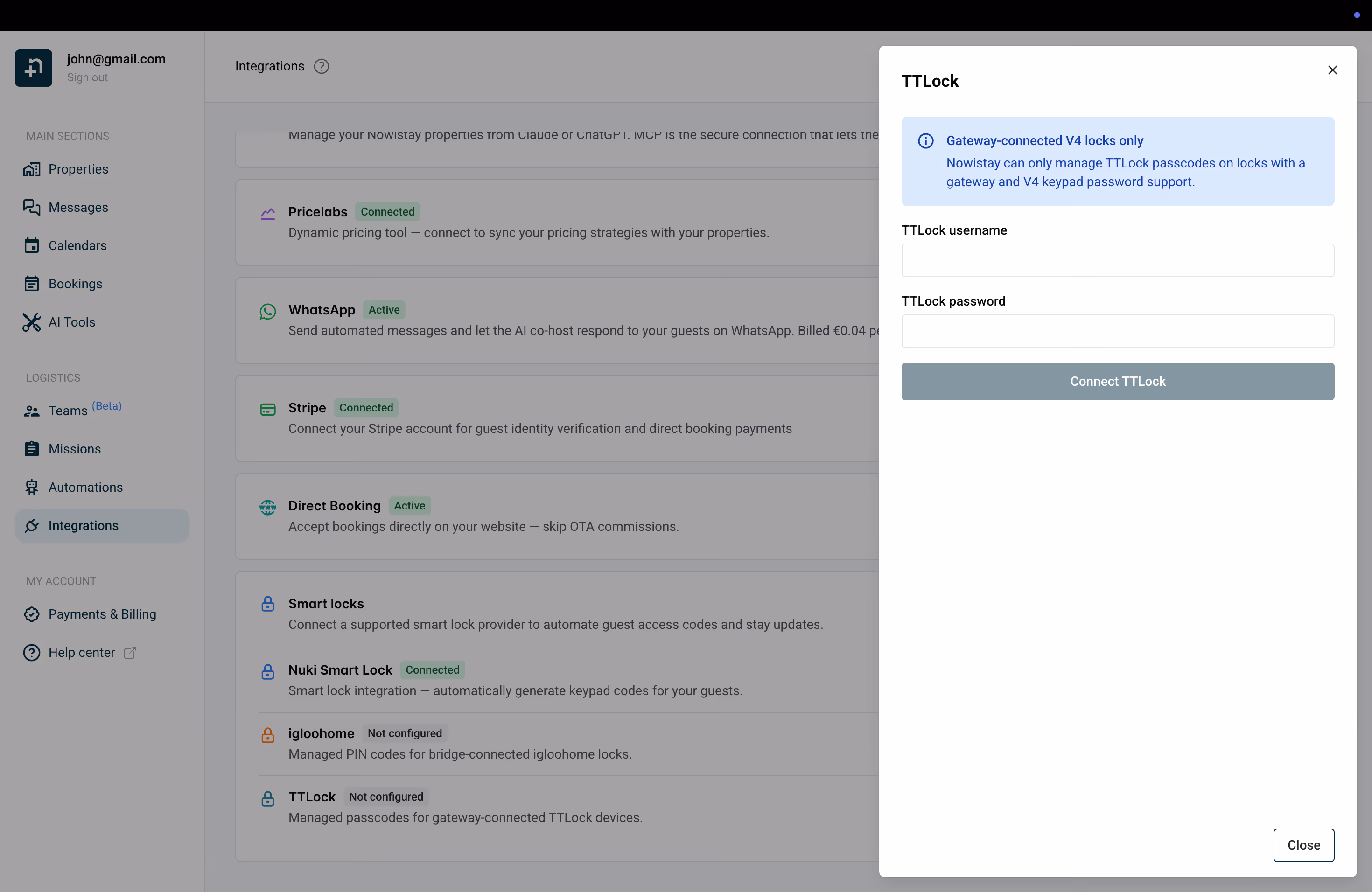 TTLock connection panel with username and password fields