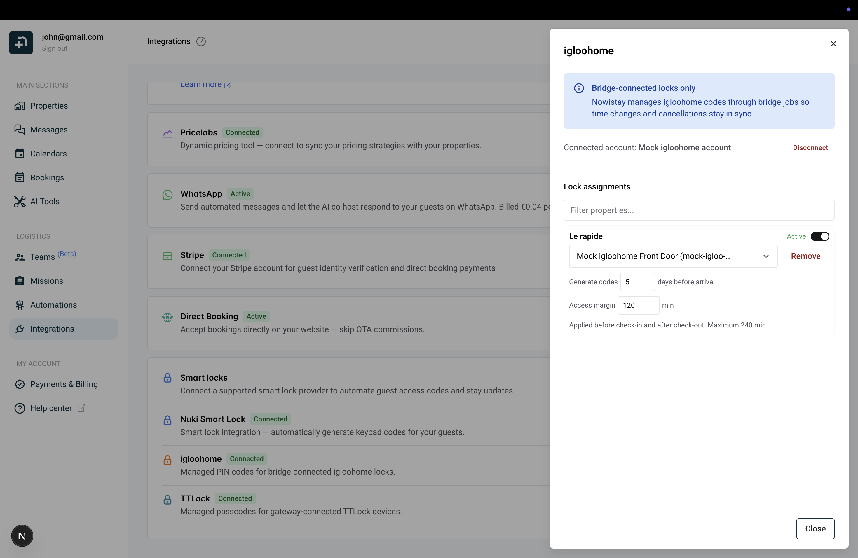 igloohome drawer showing lock assignments with code timing and access margin settings