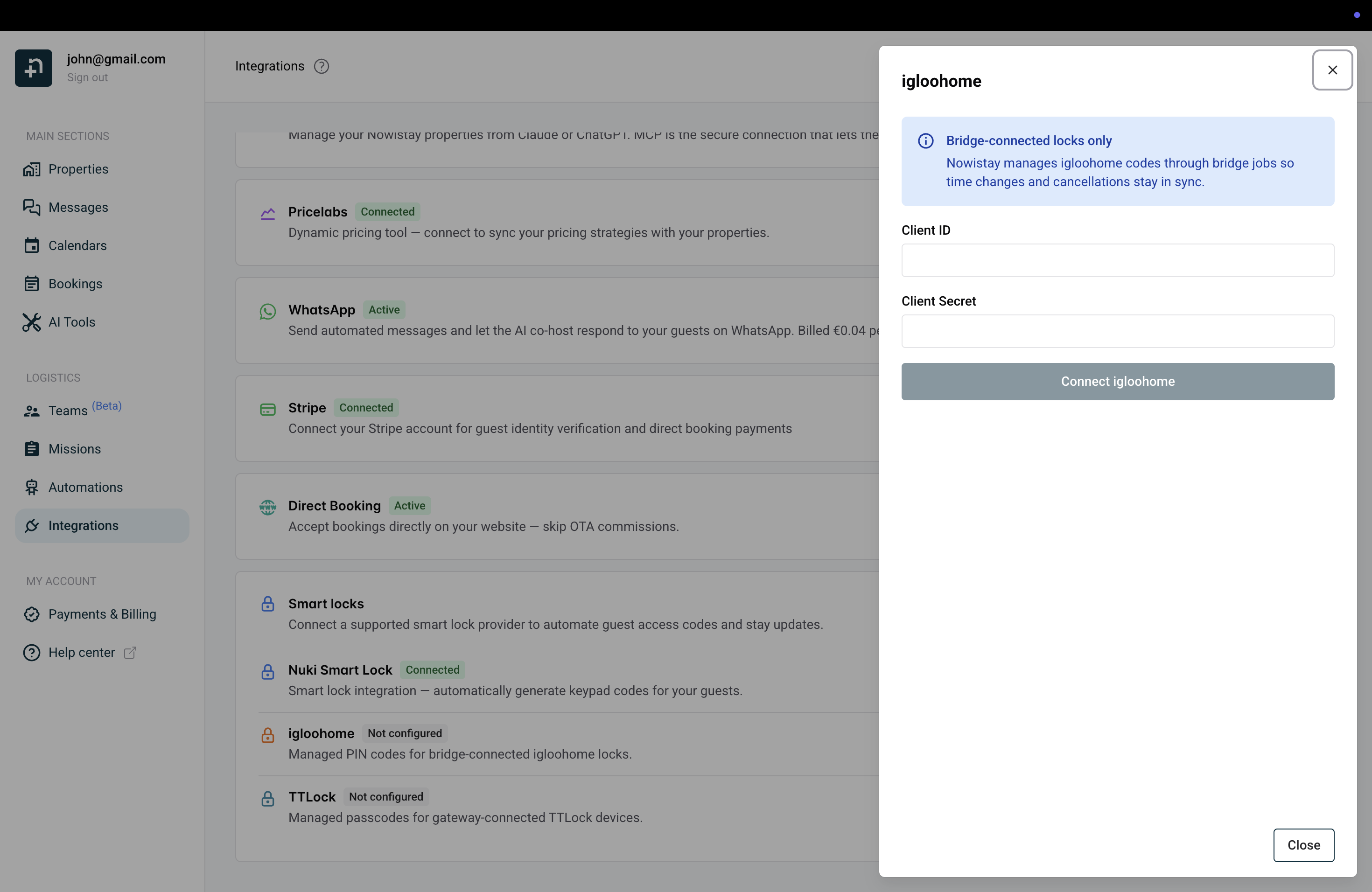 igloohome connection panel with Client ID and Client Secret fields