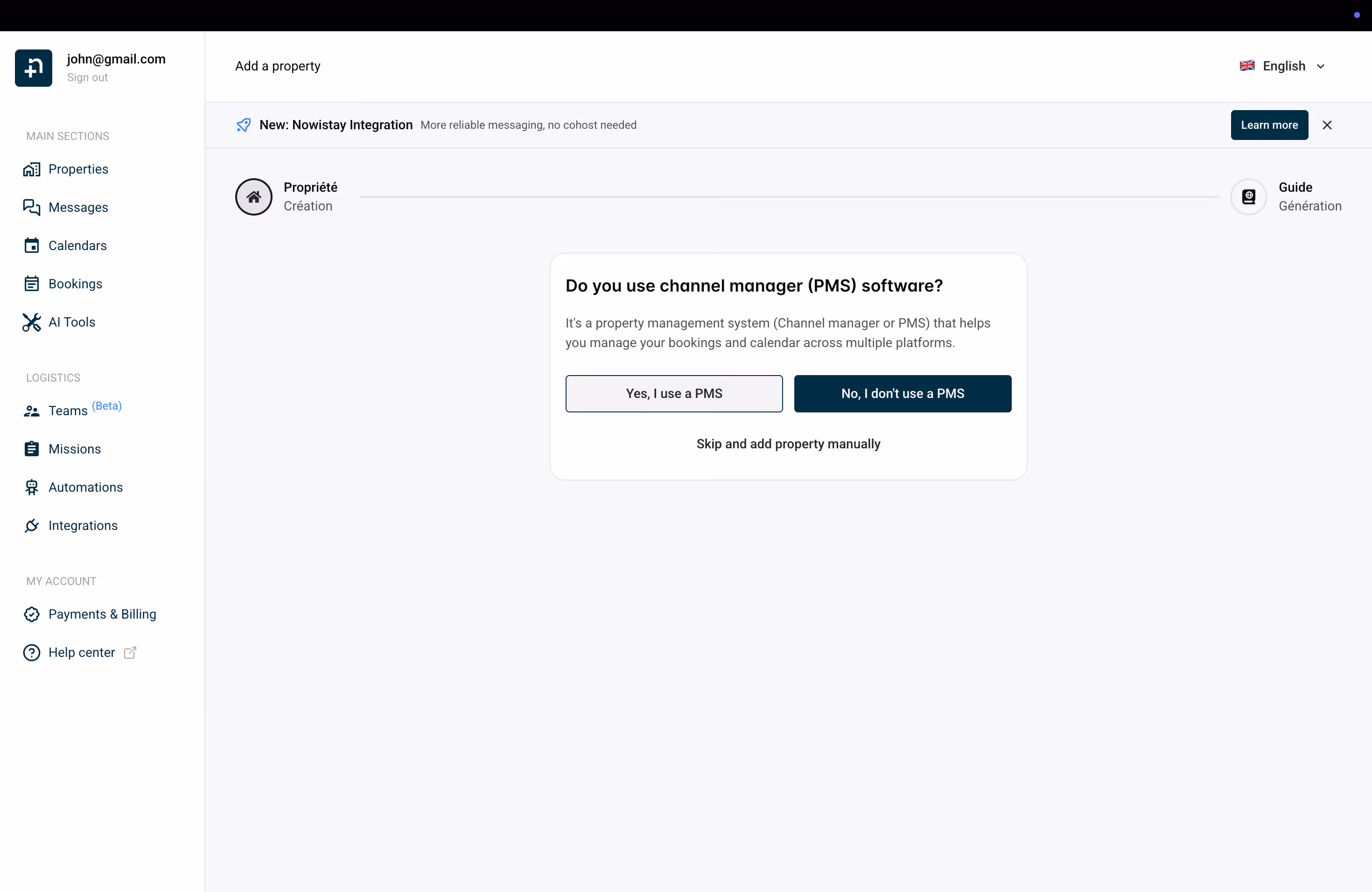 Nowistay wizard asking if you use a PMS