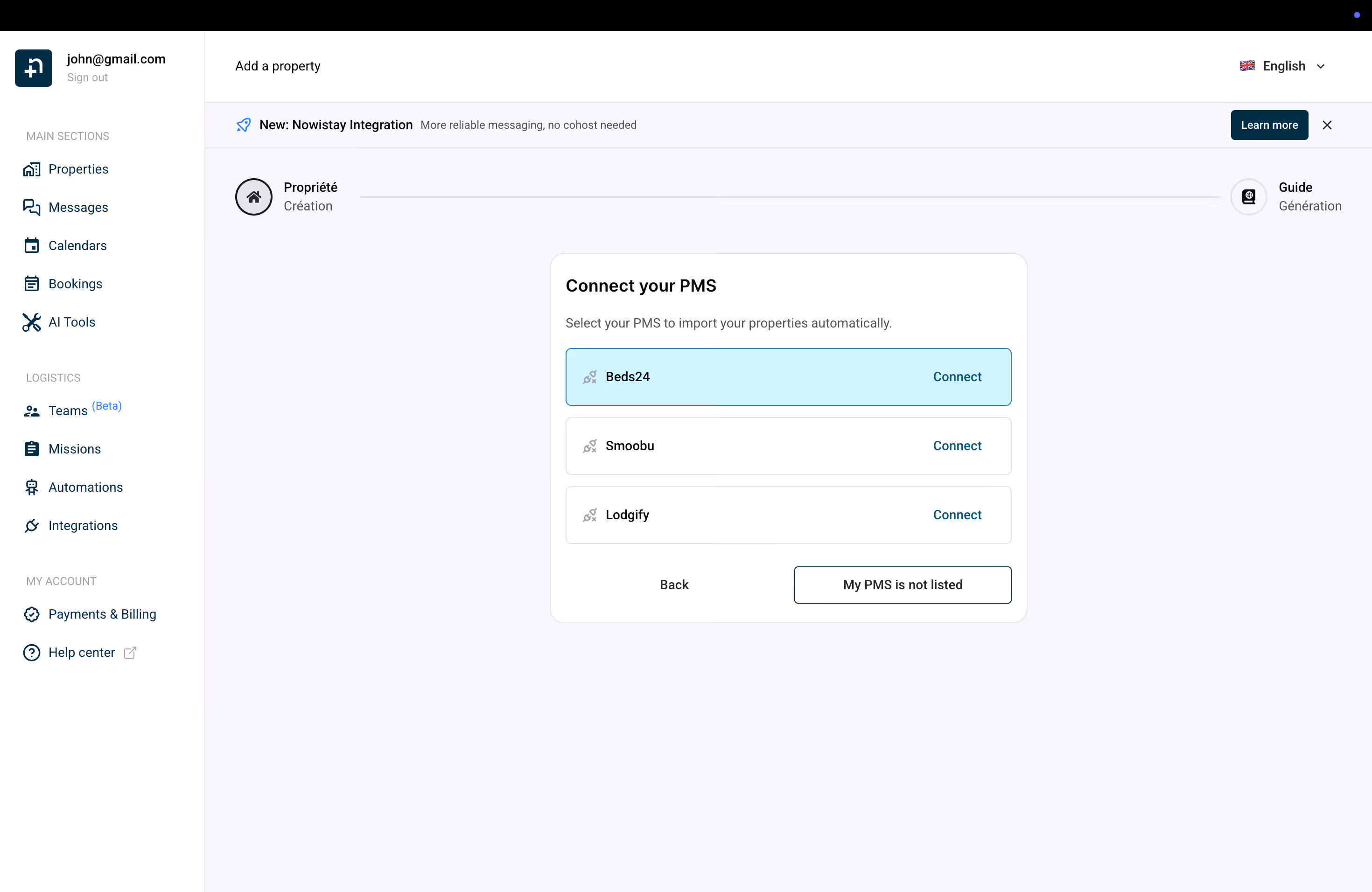 Select Beds24 from the list of supported PMS