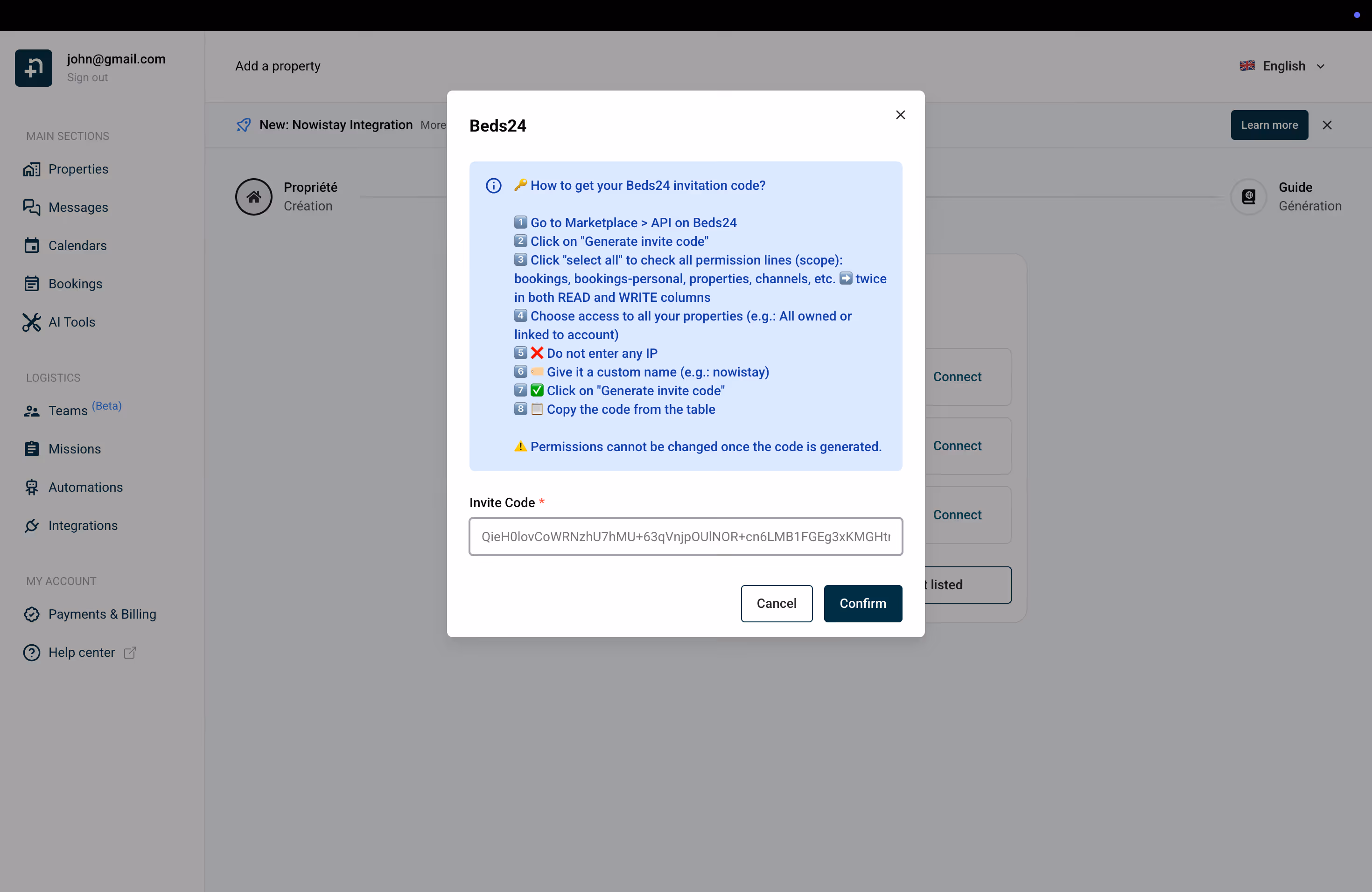 Paste your Beds24 invite code and confirm