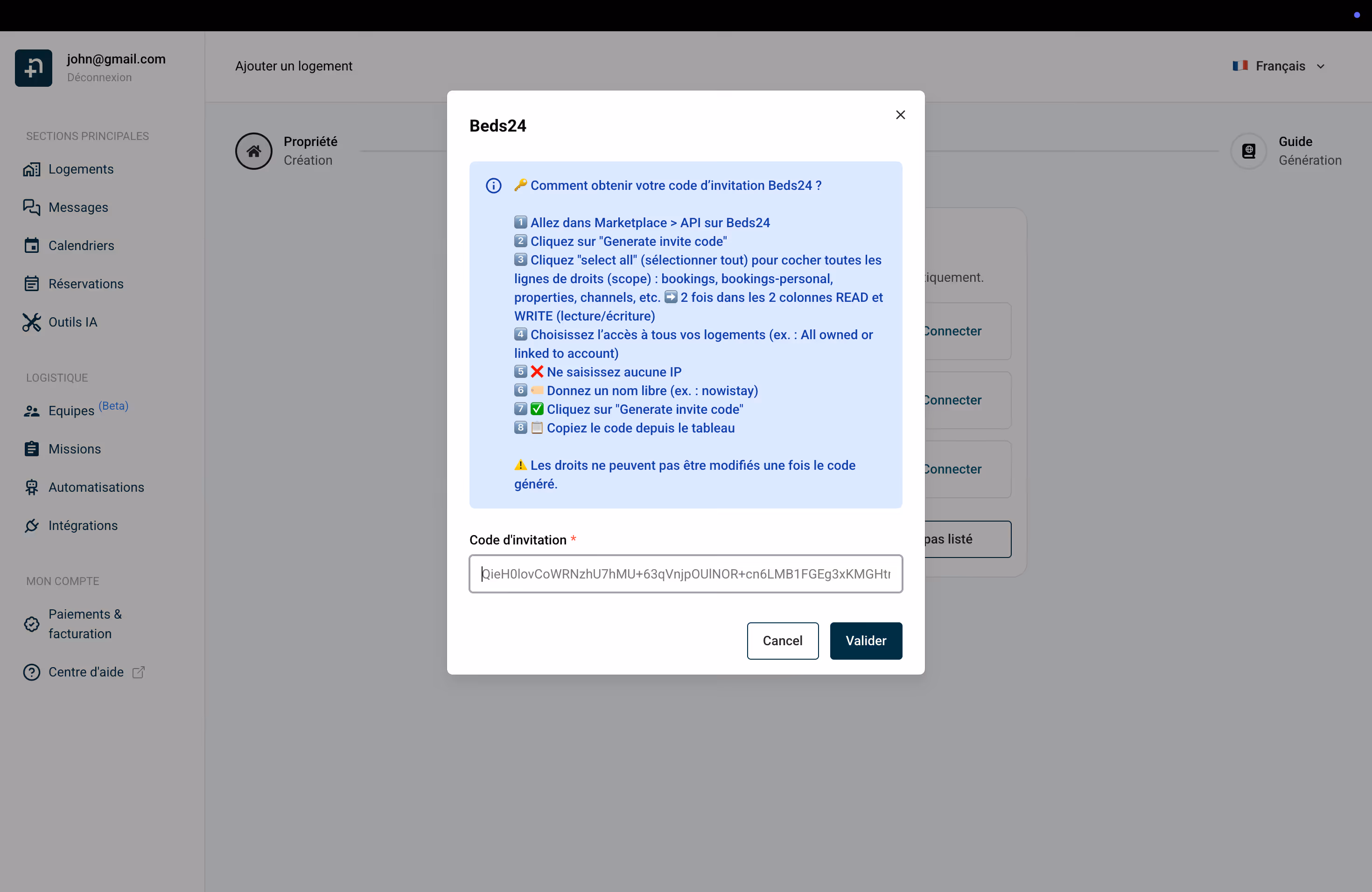 Collez votre code d'invitation Beds24 et validez