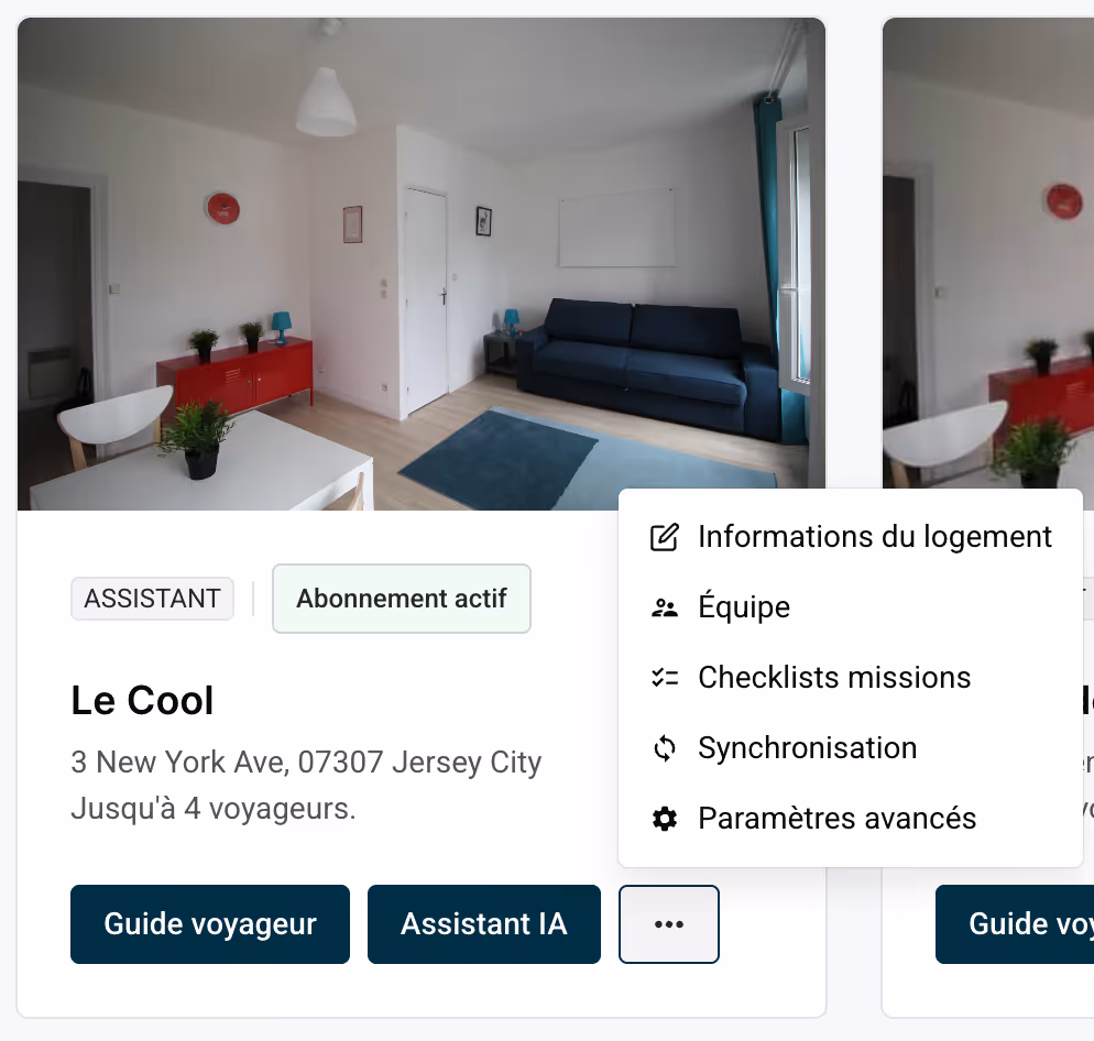 Menu de la carte logement avec l'option Synchronisation